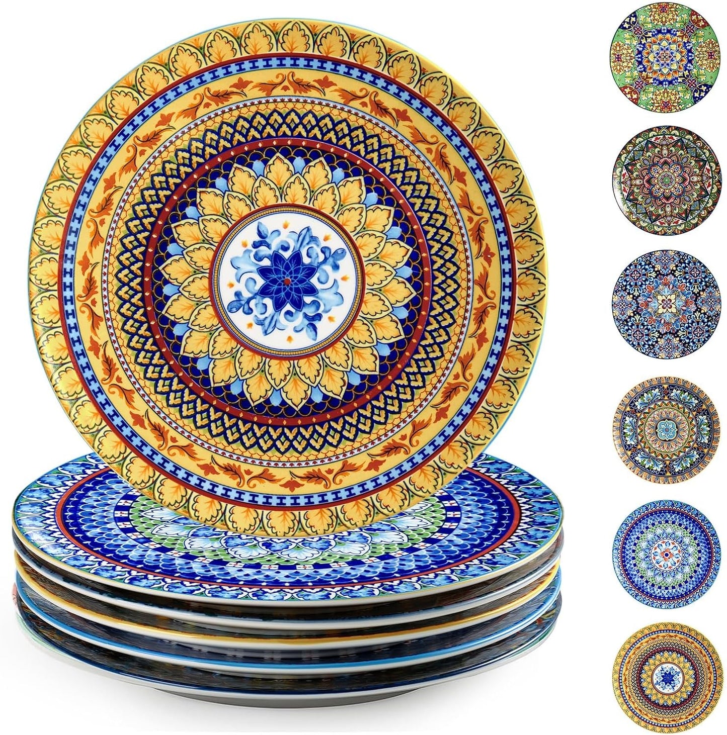 getstar Dinner Plates Set of 6, 10.5 Inch Ceramic Plates, Microwave, Oven and Dishwasher Safe, Colorful Bohemian Style Dishes for Kitchen