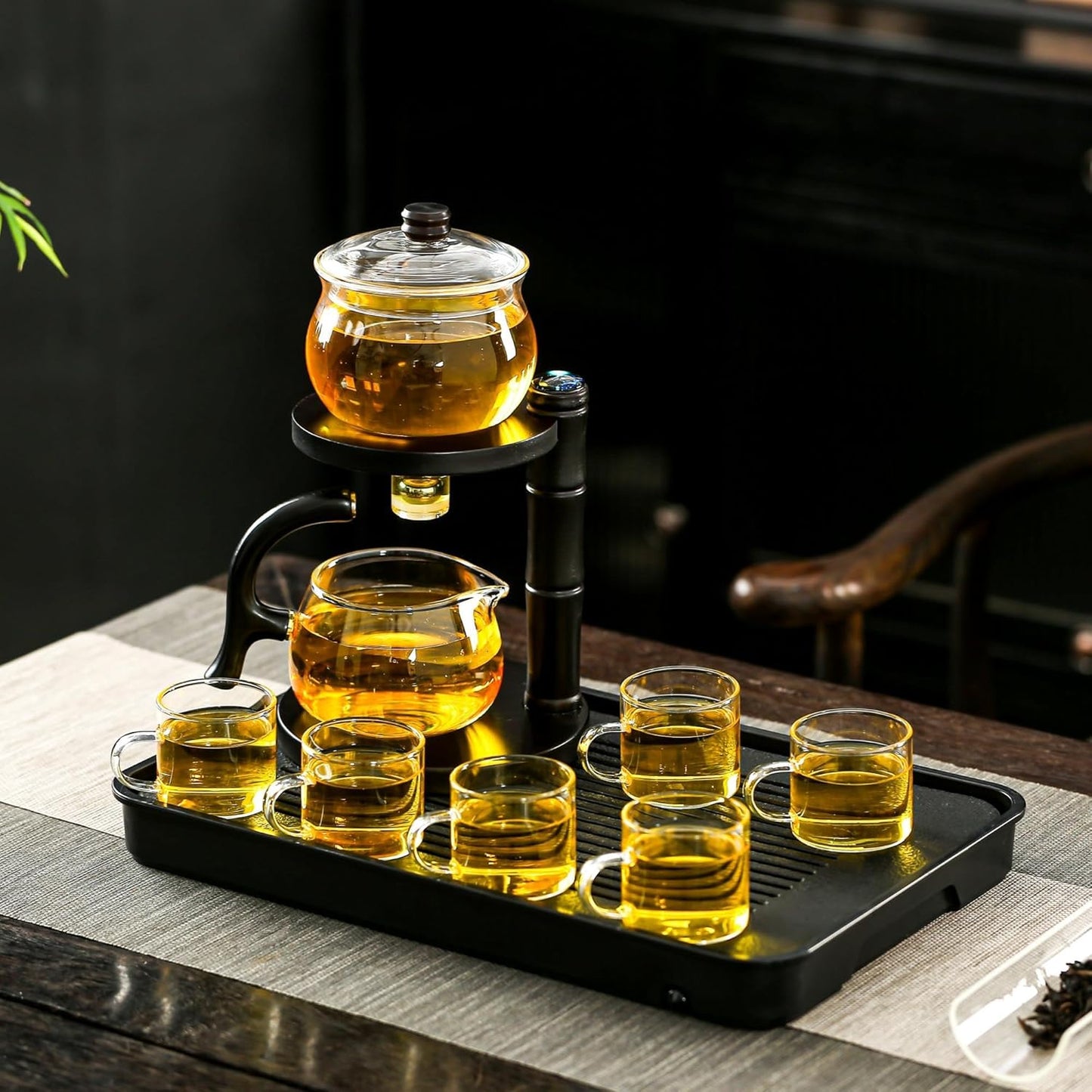 Glass Teapot Set with Infuser Semi Automatic Tea Set Magic Teapot (Bamboo - black)