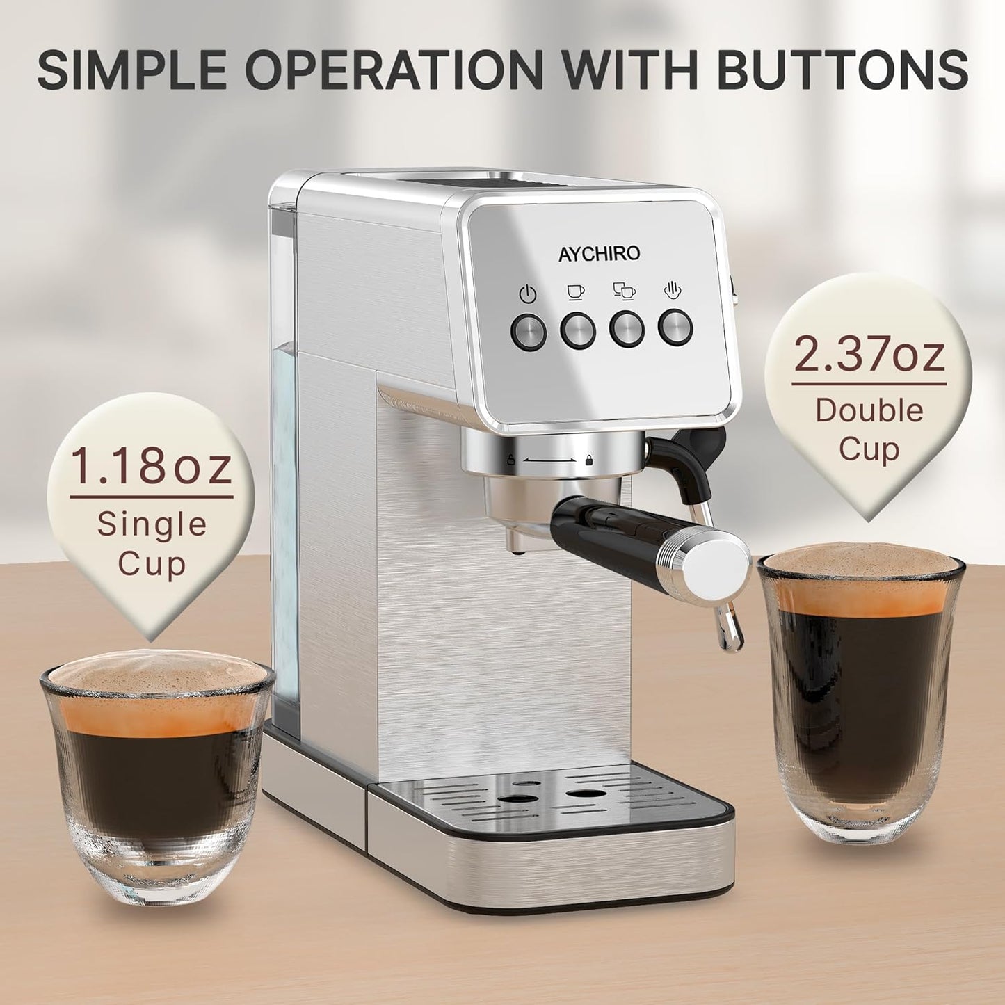 Espresso Machine with Steam Milk Frother,20 Bar Stainless Steel Coffee Maker for Latte & Cappuccino,Detachable Water Tank/Drip Tray, Hot Water Function for Home & Office Use