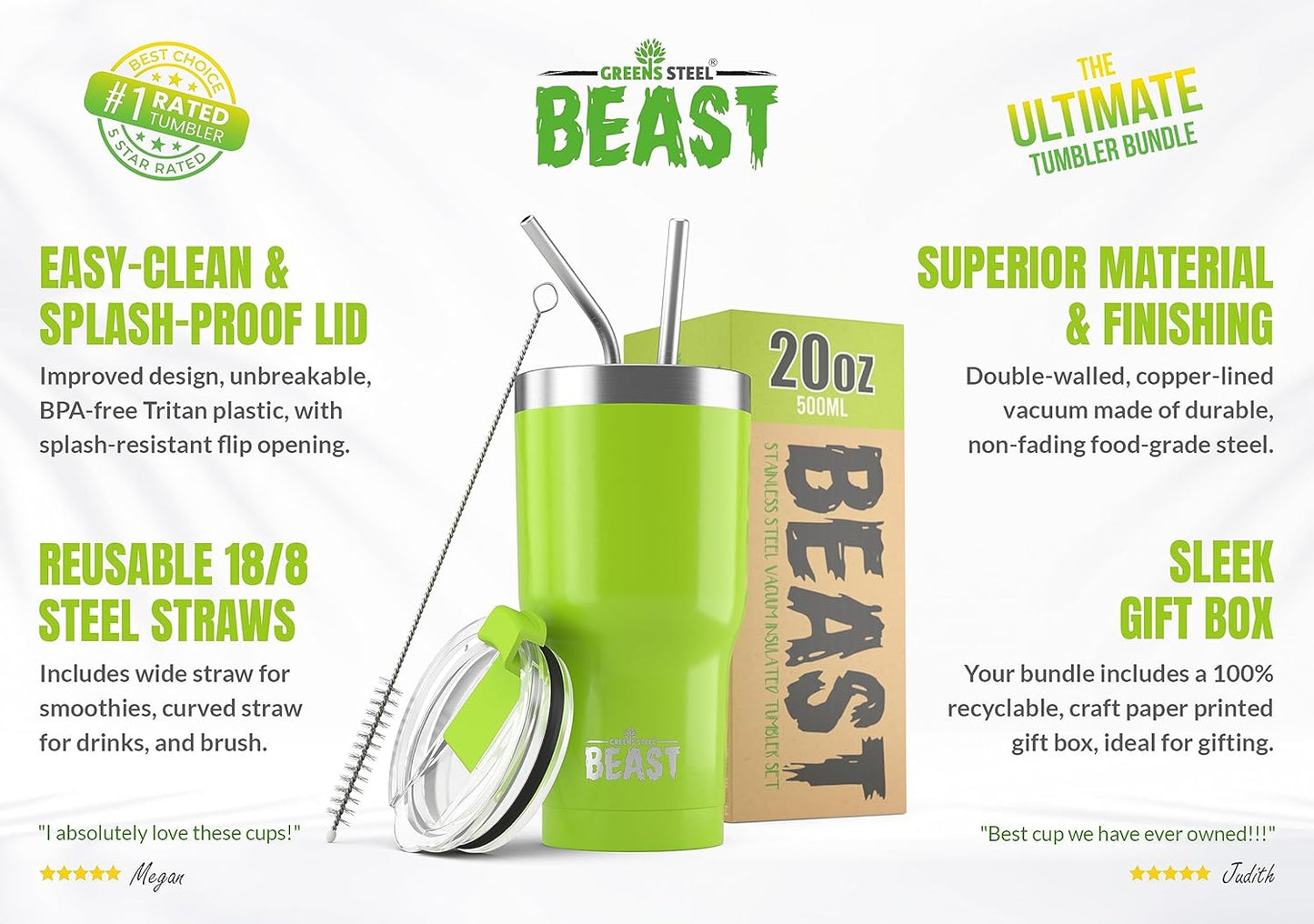 Beast 20 oz Tumbler Stainless Steel Vacuum Insulated Coffee Ice Cup Double Wall Travel Flask (Lemongrass Green)