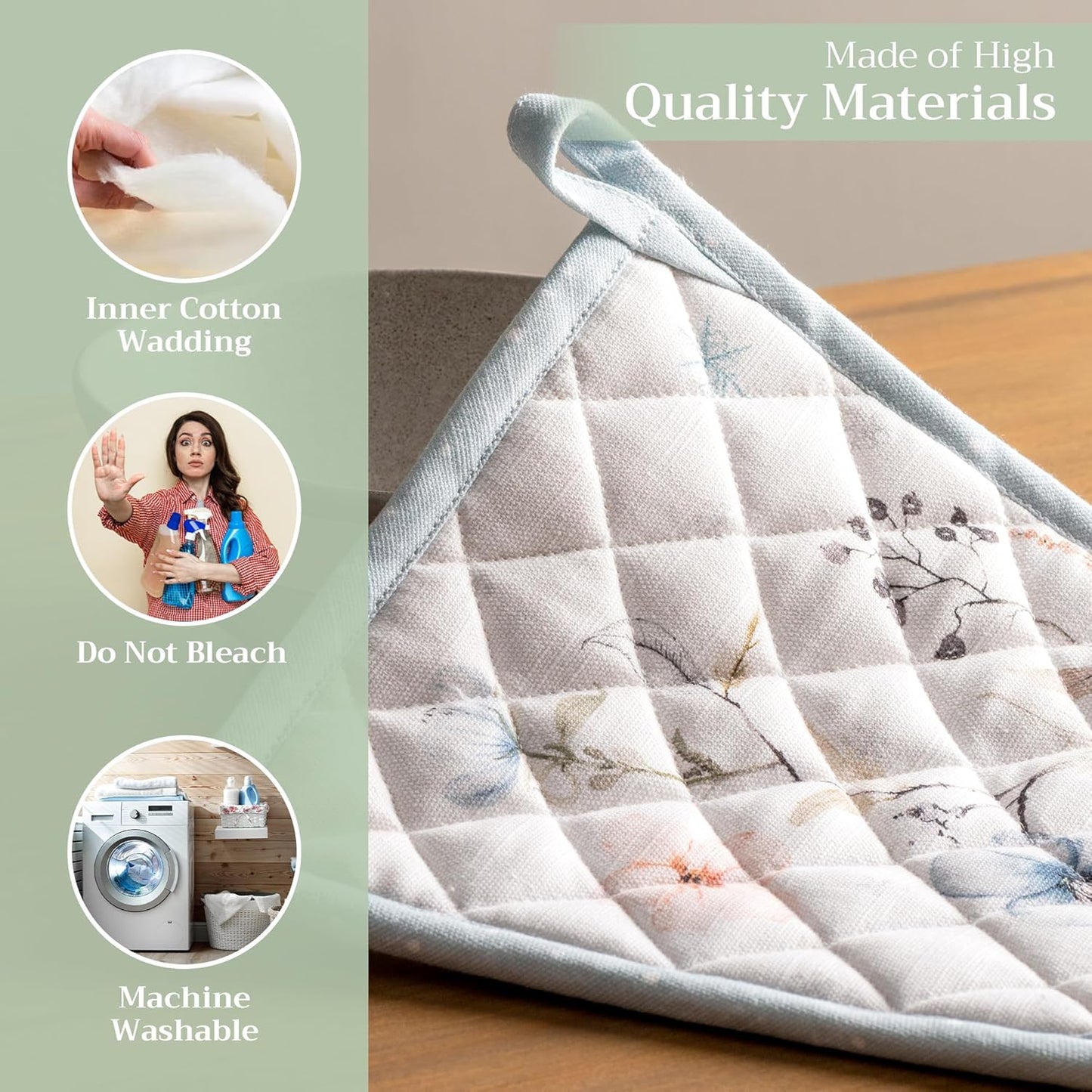 Maison d' Hermine Pot Holders Set 100% Cotton Heat Resistant Potholders 8" x 8" Hot Pads with Loop BBQ, Cooking, Baking, Grilling, Kitchen, Handling Hot Pans (Pack of 2, Ice Florals)