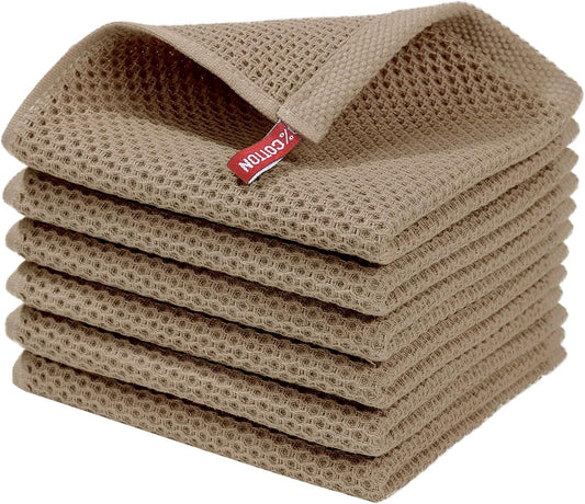 Homaxy 100% Cotton Waffle Weave Kitchen Dish Cloths, Ultra Soft Absorbent Quick Drying Dish Towels, 12 x 12 Inches, 6-Pack, Tan