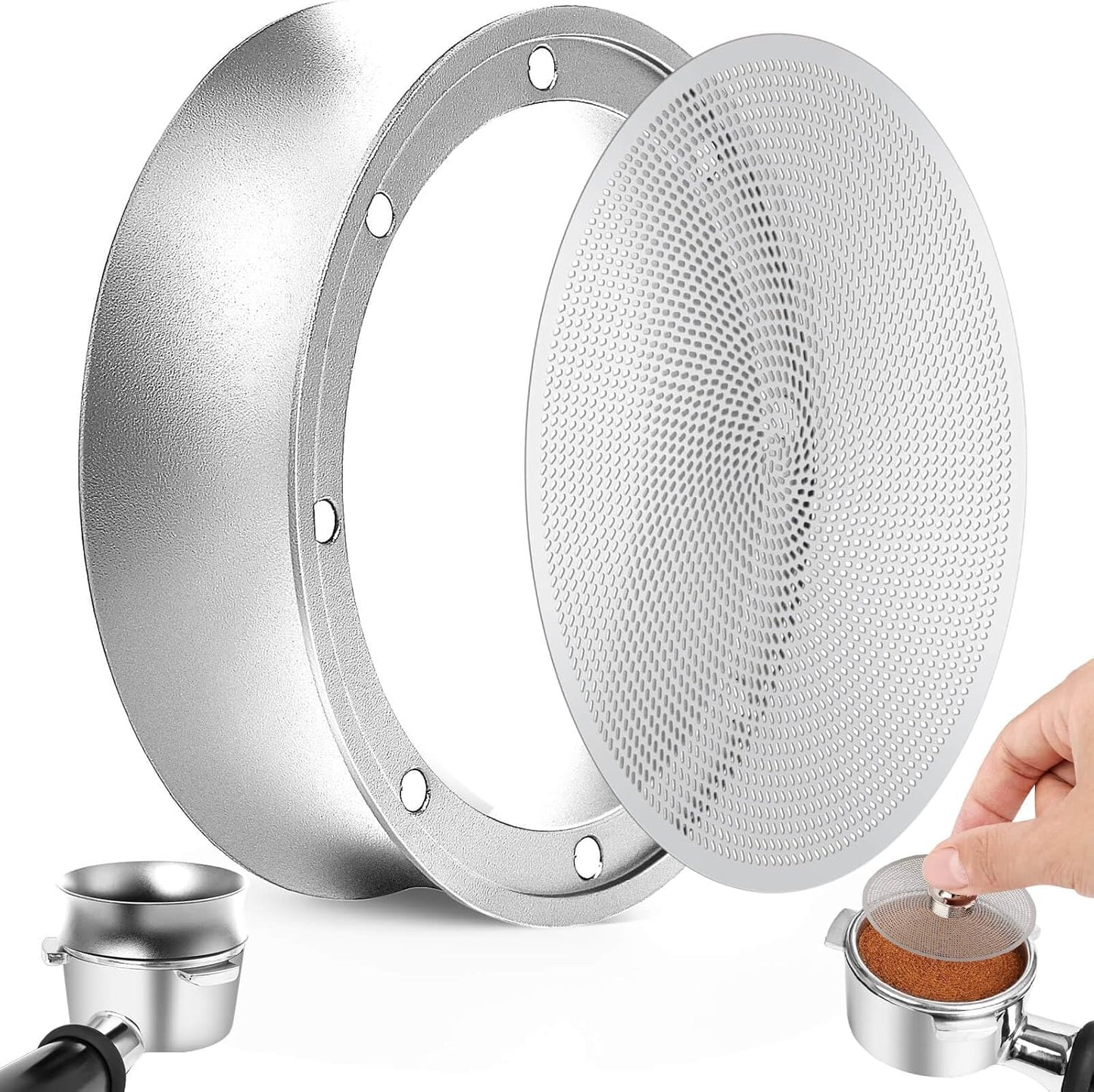 54mm Magnetic Dosing Funnel and Puck Screen Set - Espresso Coffee Dosing Ring - 19mm Anodized Aluminum with 8 Neodymium Magnets Fits 54mm Breville Portafilter (Silver)