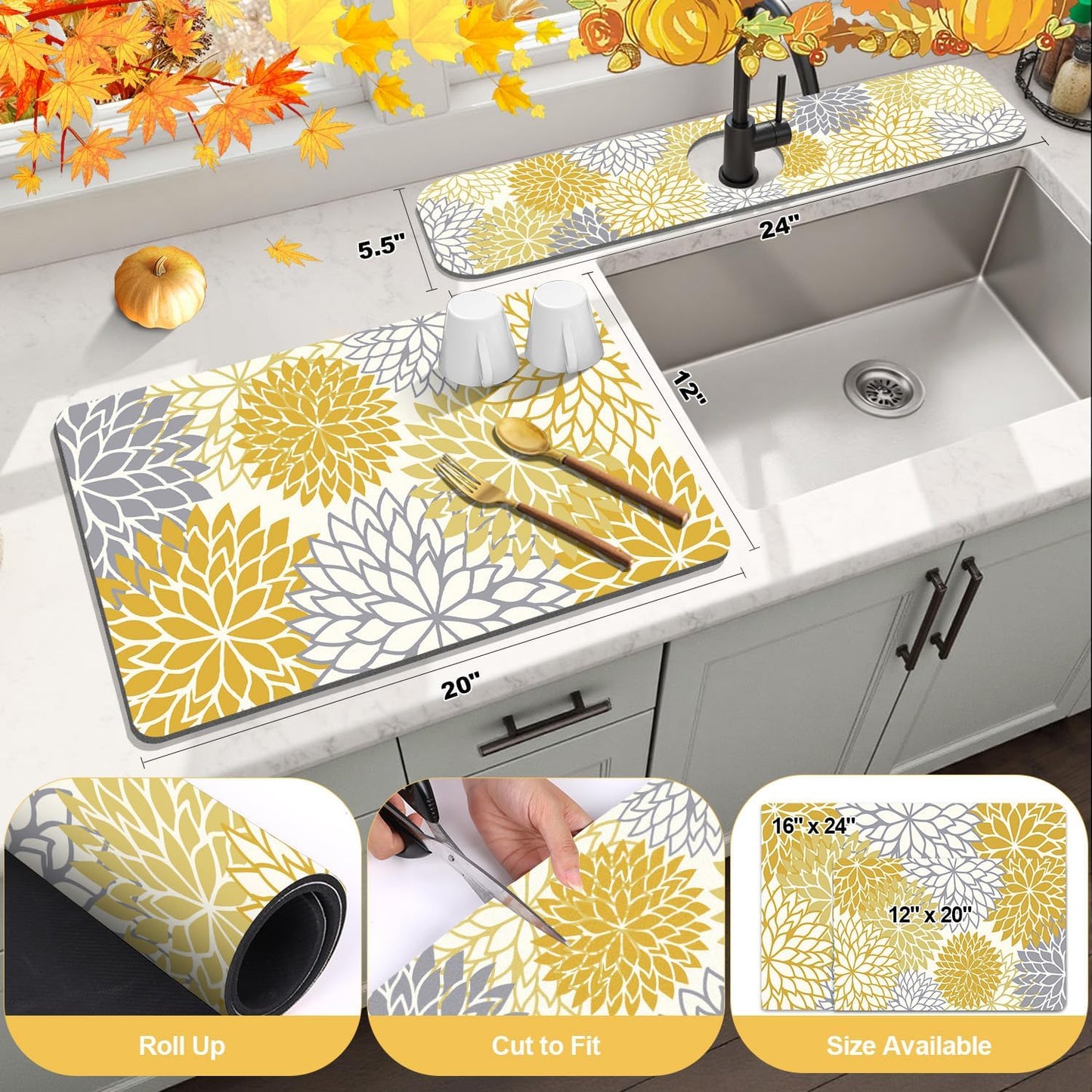Findosom 2PCS 12" x 20" Fall Dish Drying Mat & 24" x 5.5" Sink Splash Guard, Super Absorbent & Cuttable Dish Mat Drying Kitchen Mat with Yellow Floral, Hide Stain Drying Mat for Kitchen Counter