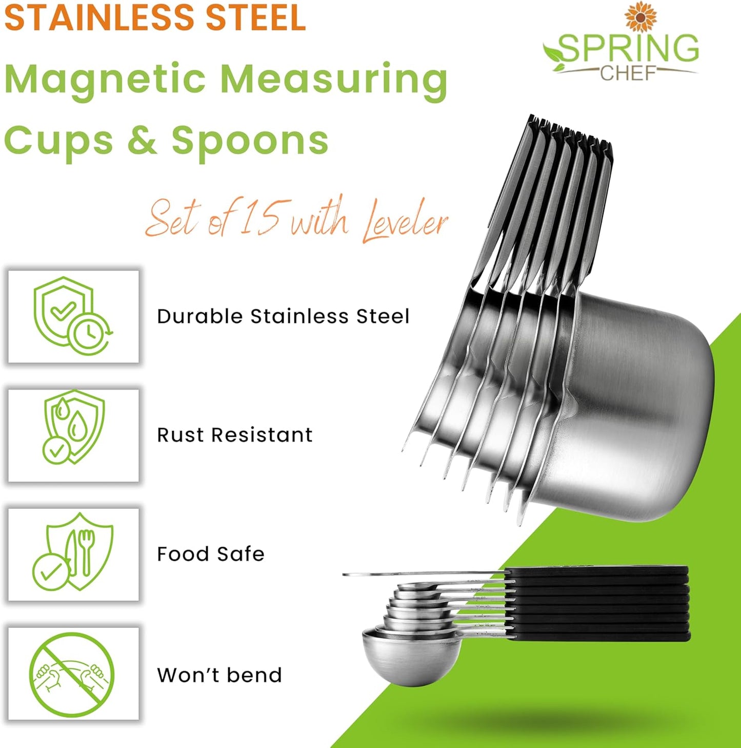Spring Chef Magnetic Measuring Cups & Spoons Set (Patent Pending), Strong N45 Magnets, Heavy Duty Stainless Steel Fits in Spice Jars for Baking & Cooking, BPA Free, Round Set of 15 with Leveler, Black