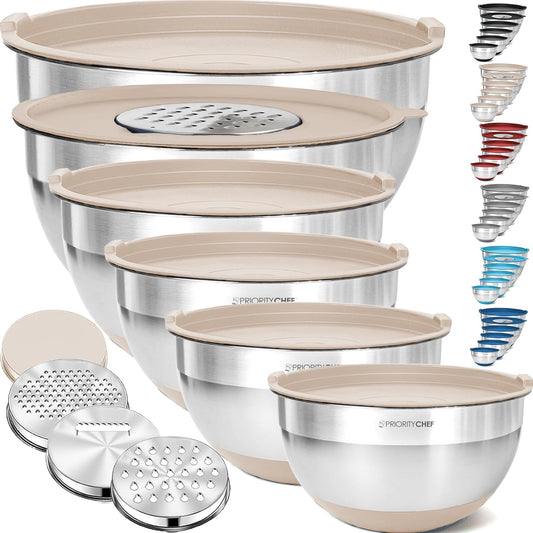 Priority Chef 6Pc Large Mixing Bowls With Lids Set with Non-Slip Bases, Stainless Steel Mixing Bowl Set, 6 Airtight Lids and 3 Graters, Khaki