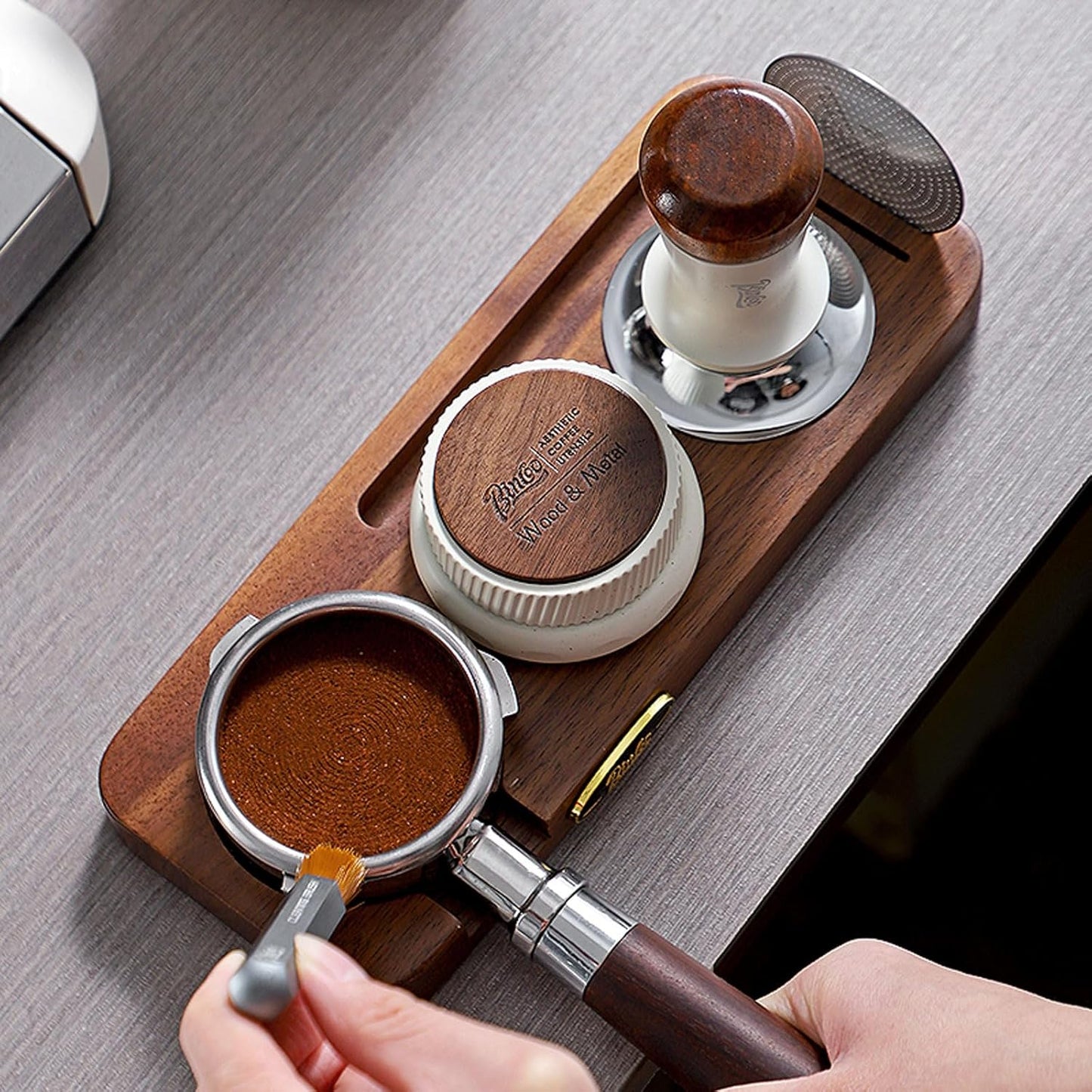 Bincoo 58mm Espresso Tamping Station - Sapele Coffee Bar Organizer with Non-Slip Mat, Multi-Slot Design for Counter, Holds Tamper,Distributor, Basket Holder