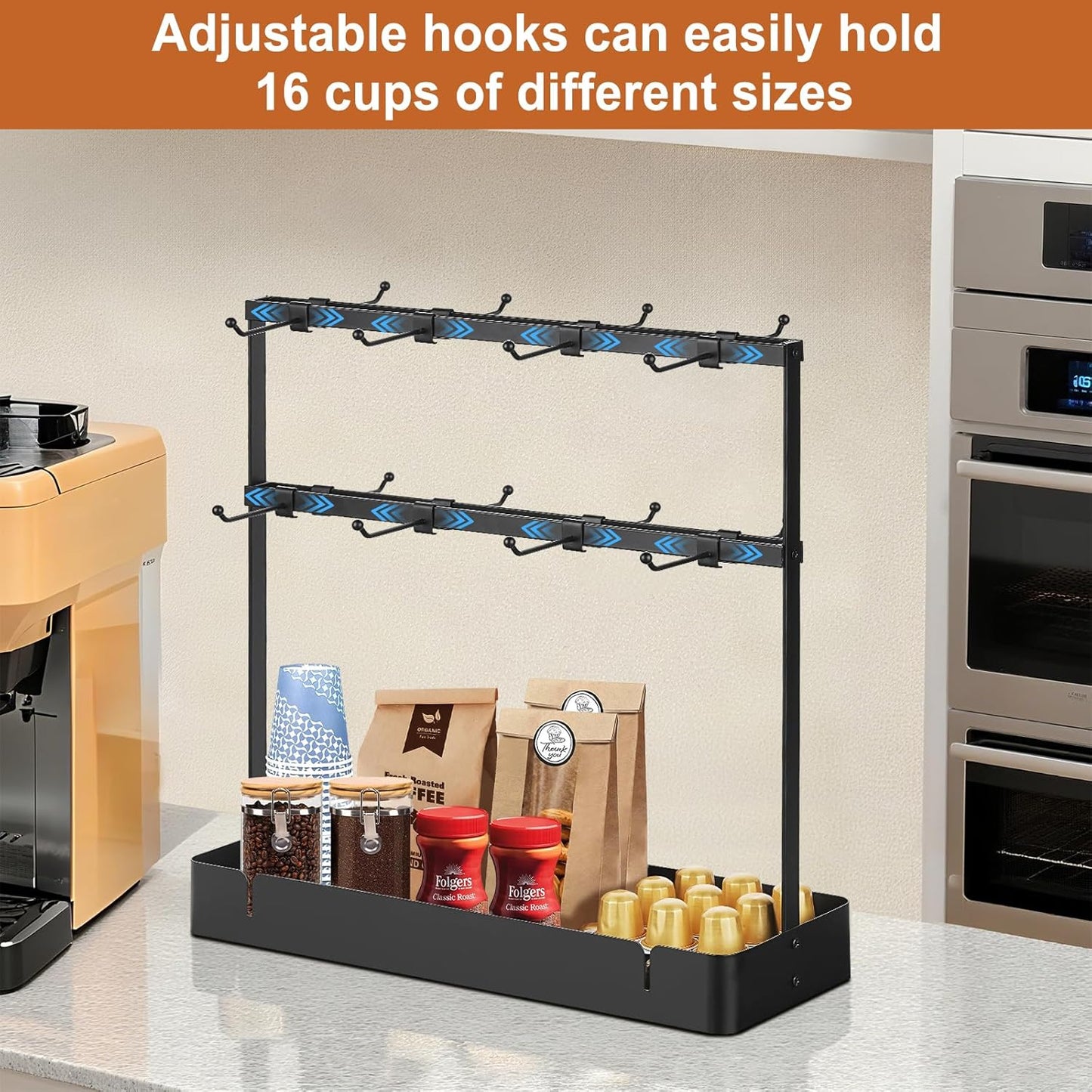 Coffee Mug Holder for Countertop, Cup Holder Rack with Slidable 16 Hooks, Large Mug Holder with Storage Base for Coffee Bar, Kitchen, Dining Room - Black