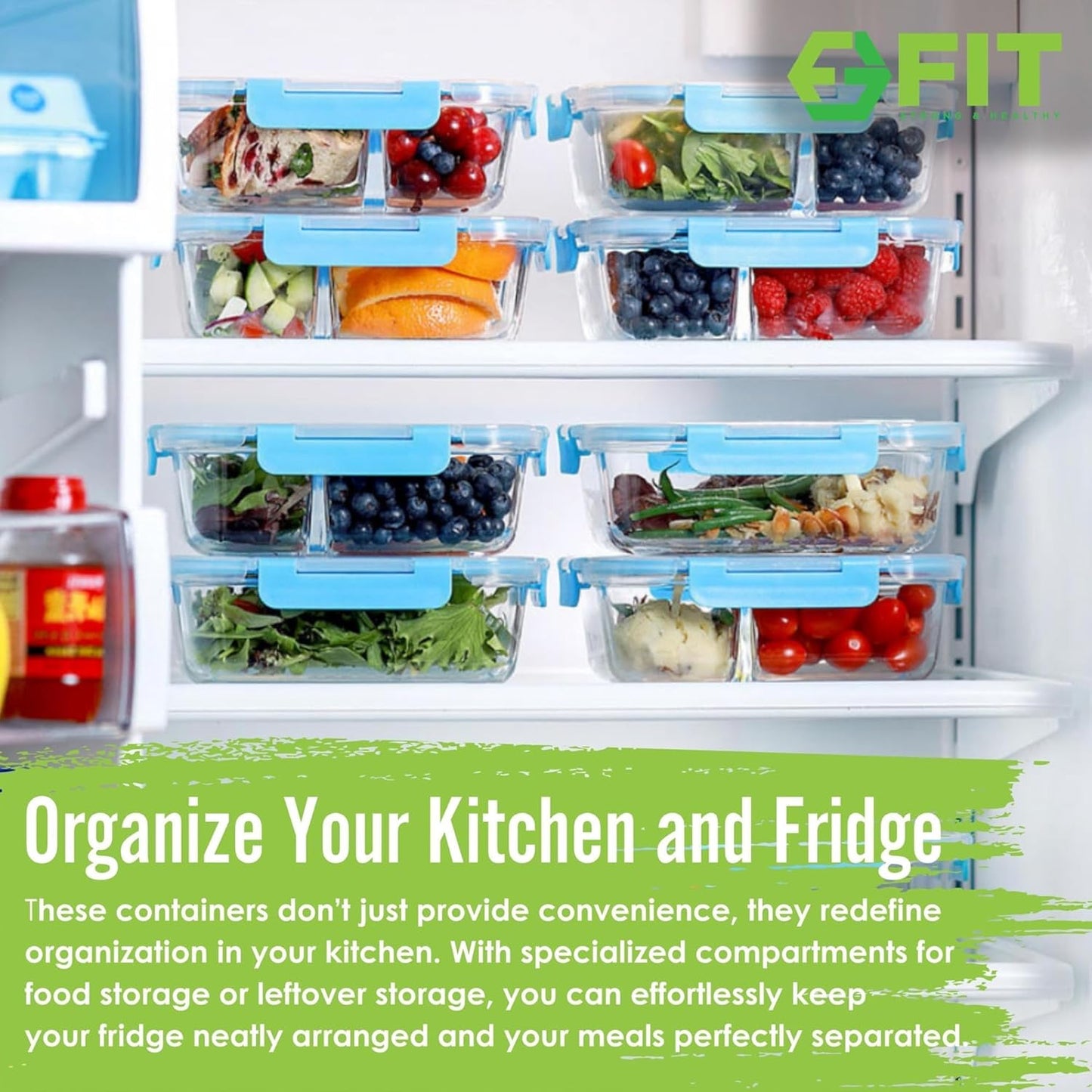 FIT Strong & Healthy Glass Meal Prep Containers, 2 & 3 Compartments - Portion Control, Lunch Container Set, Food Storage, Airtight Lids, Oven & Freezer Safe, Leak-Proof Bento Box, 32 oz, Blue, 4 Pack