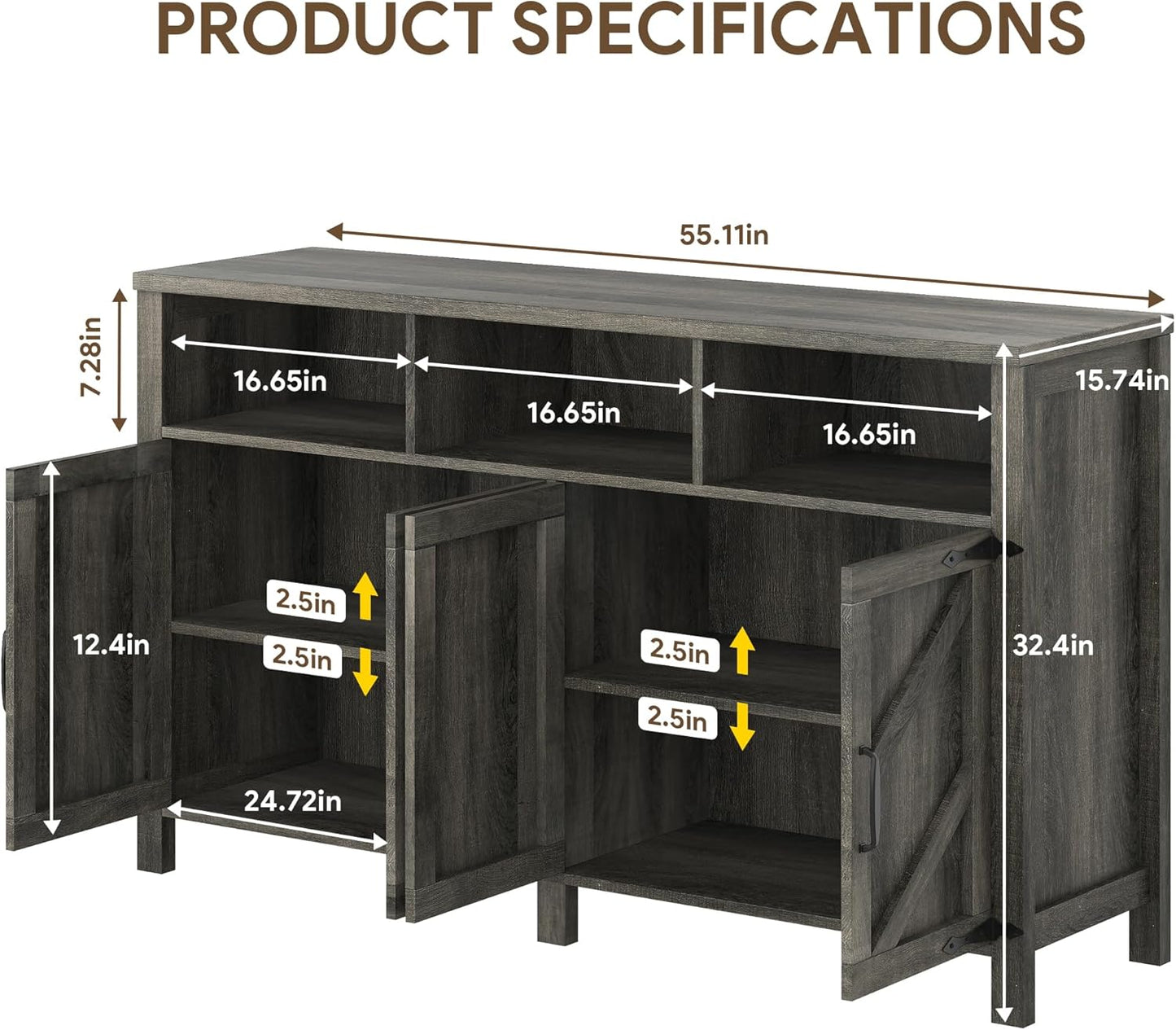 Buffet Sideboard with Storage Farmhouse with 4 Doors, 55'' Large Kitchen Storage Cabinet Wood Coffee Bar Cabinet Buffet Table with Shelves for Kitchen, Dining Room, Entryway (Gray, 55in)