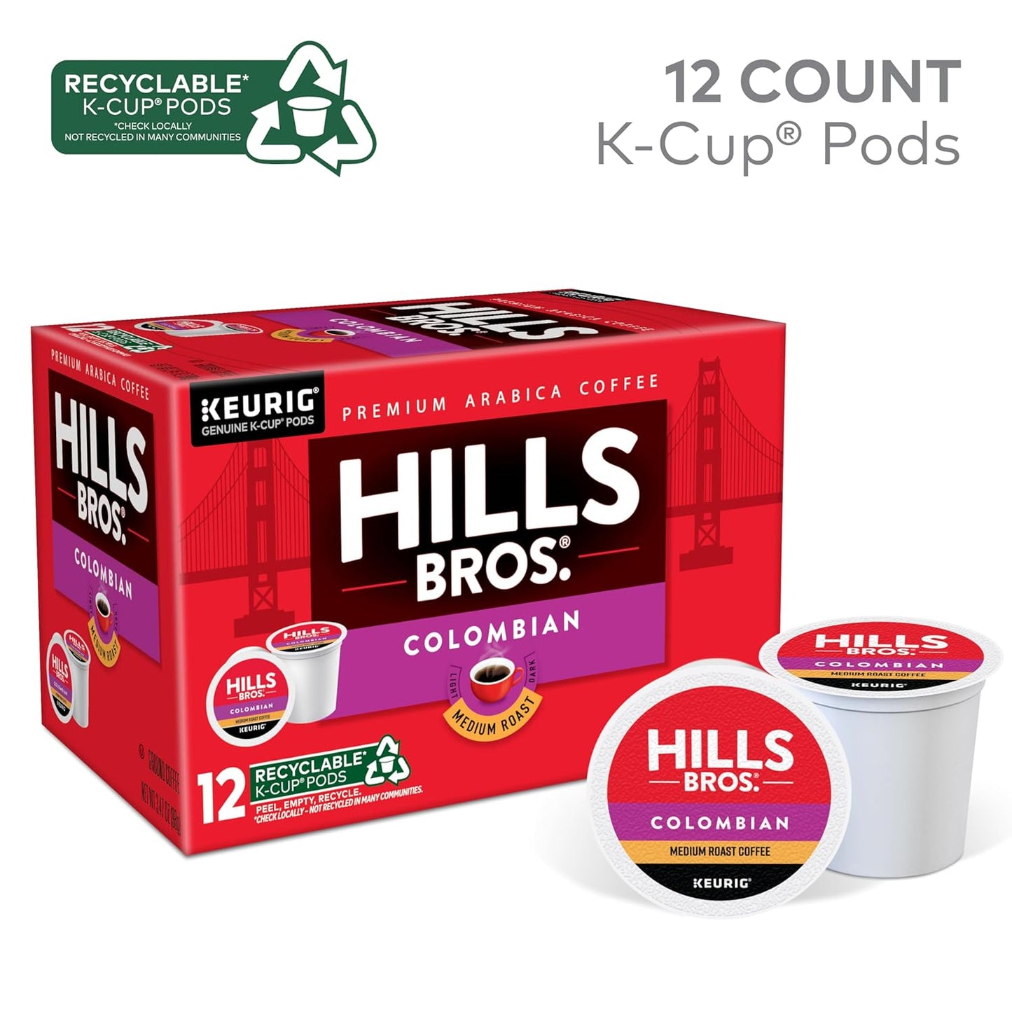 Hills Bros. Colombian Blend Keurig K-Cup Pods for Keurig Brewers – Medium Roast Premium Arabica Blend, Kosher – 1 Pack of 12 Single Serve Pods