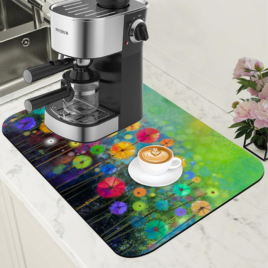 Dish Drying Mat Watercolor Rainbow Dandelion Coffee Bar Mat for Countertop Absorbent Hide Stain Rubber Backed Dish Drainer Rack Pad Espresso Machine Dining Room Decoration 11.8 x 19.7 Inch