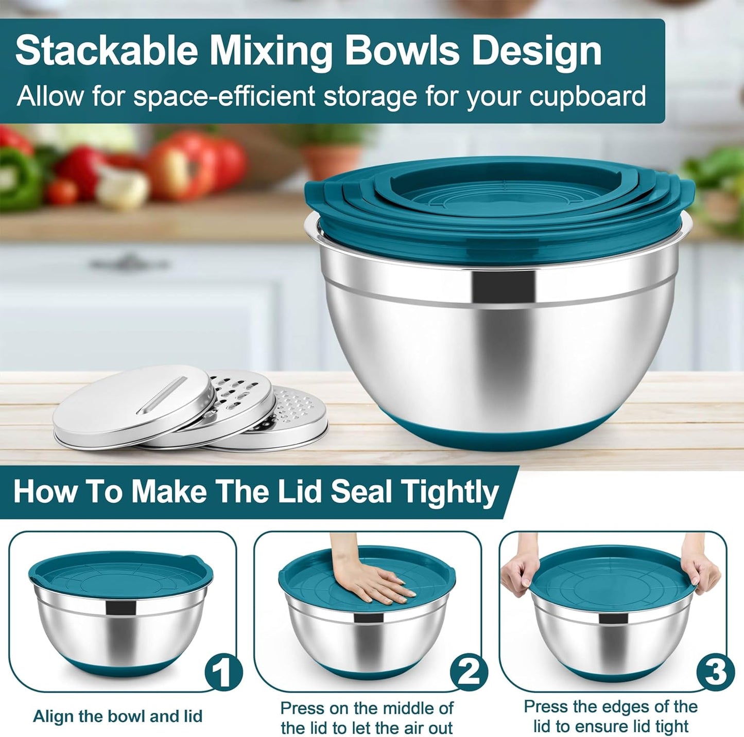 TeamFar Mixing Bowls, Stainless Steel Nesting Salad Bowl with Lids & 3 Graters, For Kitchen Cooking Serving Prepping, Airtight & Non-Slip, Size 4.6/3.5/2/1.5/1/0.7 QT, Set of 5 & Blue