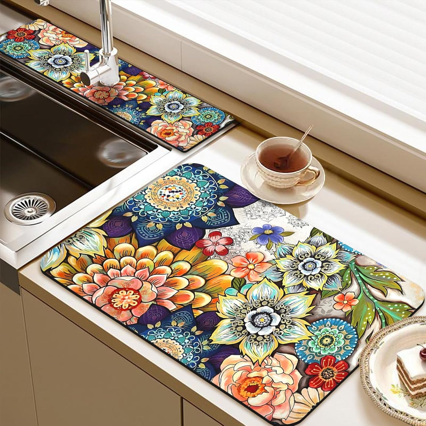 19.5" x 12" Dish Drying Mat & 24" x 5.5" Sink Splash Guard, Super Absorbent Drainer Rack Mat for Kitchen Counter Coffee Bar