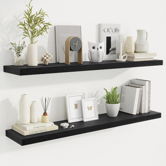 Fun Memories 48 Inch Deep Floating Shelves for Wall, 2 Pack of Long Wall Mounted Wood Shelves with Invisible Brackets for Bathroom, Bedroom, Living Room, Kitchen Decor and Storage, Black
