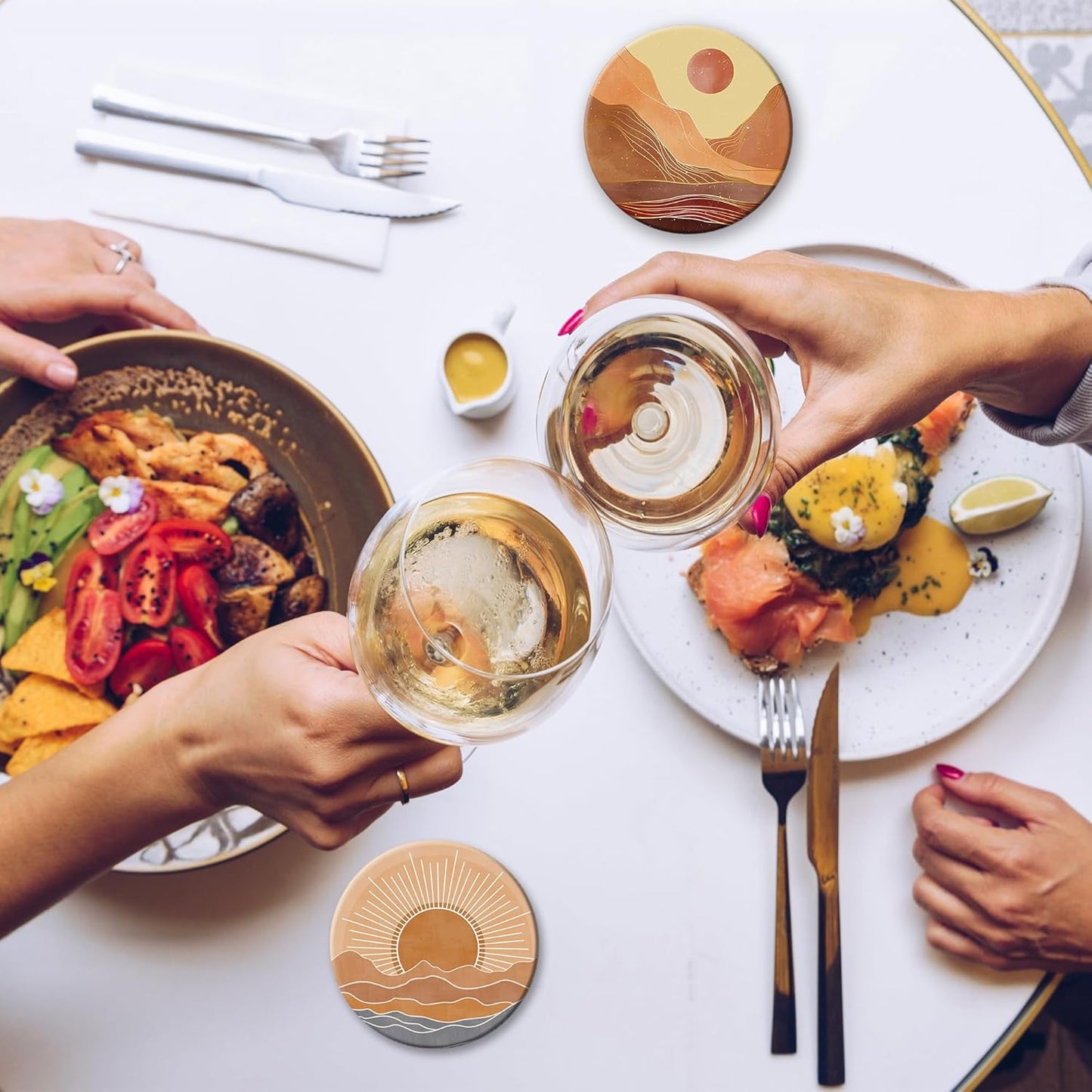 6 Pcs Coasters for Drinks with Holder, Boho Mountain Sun Absorbent Ceramic Coasters with Cork Base,Cute Funny Table Drinks Coasters Tabletop Protection Mat,Table Home Decor,4 Inches