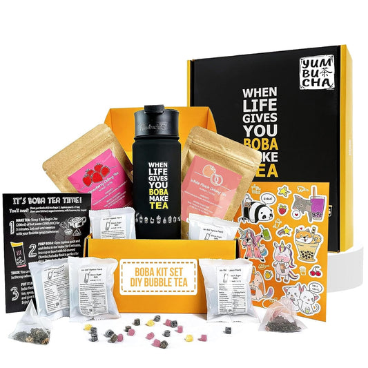 YUMBUCHA Boba Kit Set - DIY Bubble Tea - 20 Drinks - Reusable Stainless Steel Flask & Straw, Brown Sugar Tapioca Pearls - Exquisite Loose Leaf Teabags - Strawberry Oolong and White Peach Oolong Tea