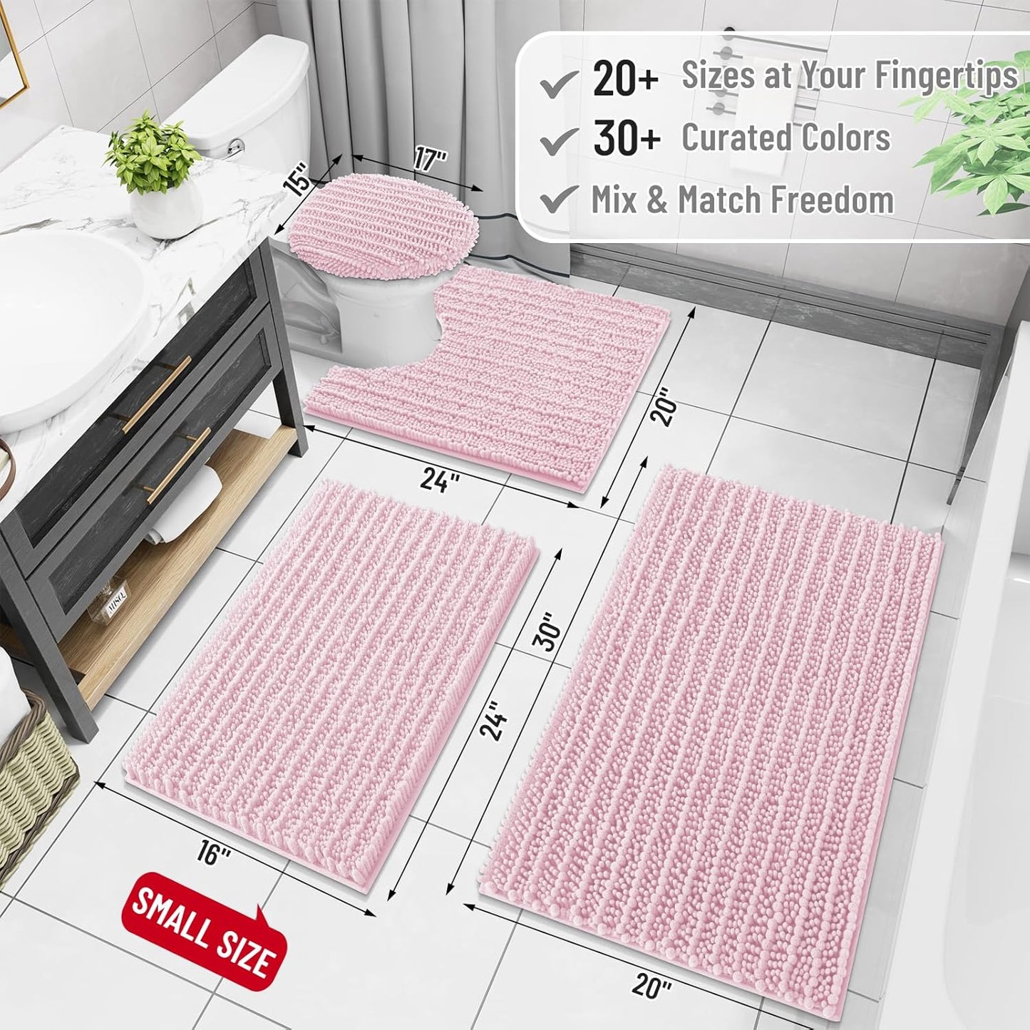 Arotive Luxury Chenille Bathroom Rug Mat, Extra Soft Thick Absorbent Shaggy Bath Rugs, Non-Slip Machine Wash Dry, Plush Bath Mats for Bathroom, Shower and Tub, 47x24, Pink