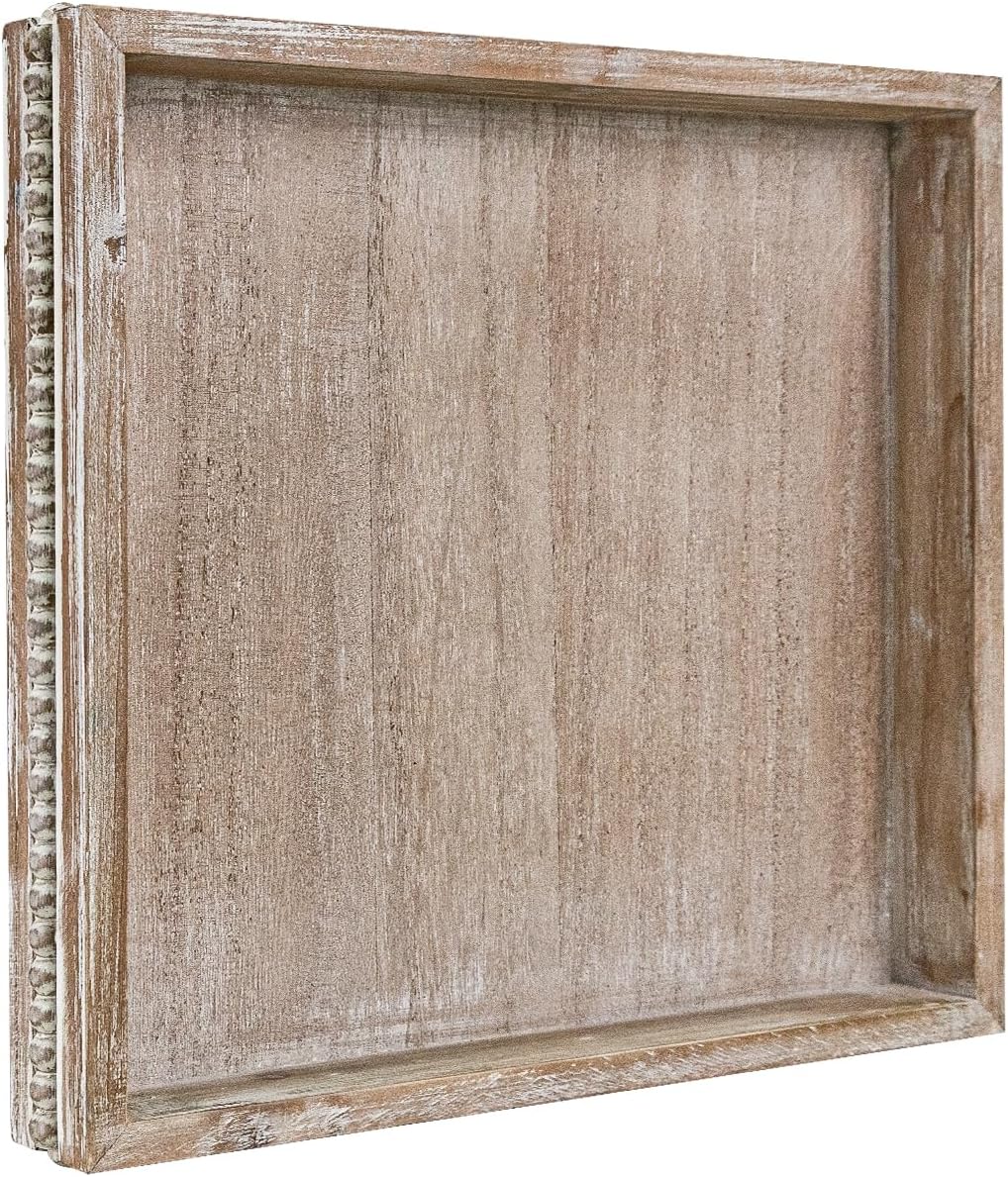 Wooden Decorative Tray, Small Serving Tray with Wood Bead, Farmhouse Big Tray for Ottoman, Countertop, Coffee Tabl, 13" x 13"x 1.6" (White Washed)