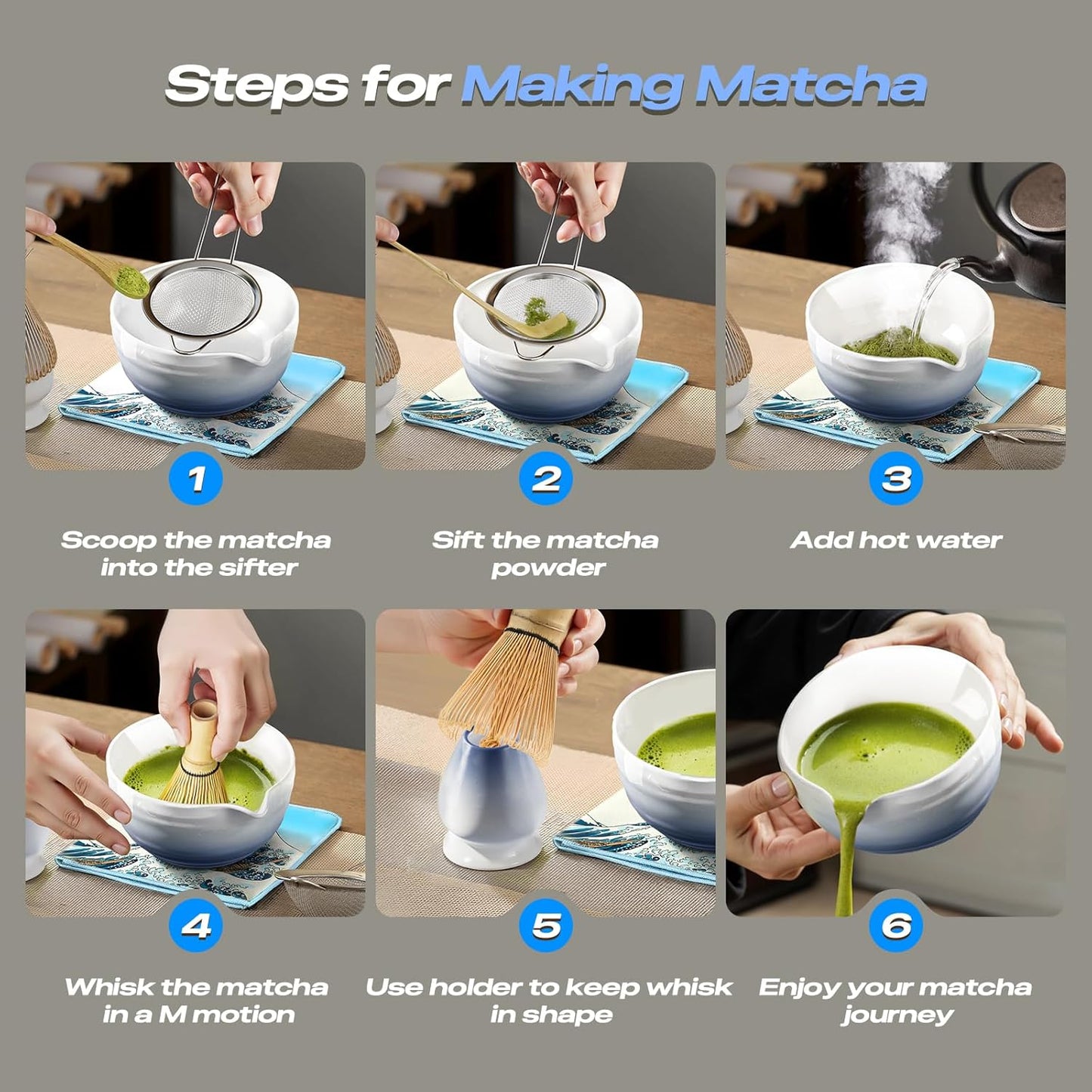 Matcha Whisk Set - 8 Pcs Tea Set with Bamboo Whisk and Holder, Ceramic Bowl, Bamboo Scoop and Spoon,Scoop Rest, Sifter & Tea Towel, Japanese Home Matcha Kit for Authentic Ceremony (Blue)