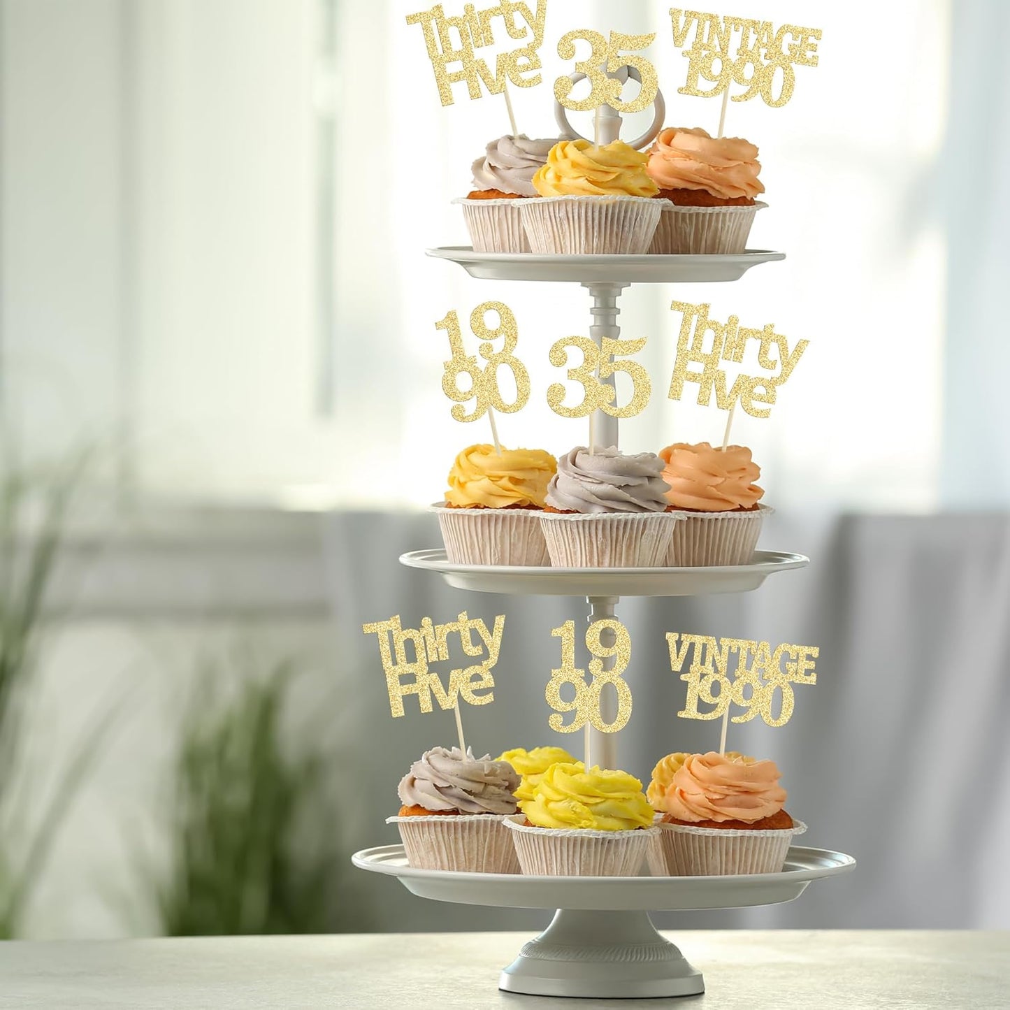 Gyufise 24Pcs Happy 35th Birthday Cupcake Toppers Glitter Thirty Five 35 Fabulous Vintage 1990 Cupcake Picks for 30th Birthday Wedding Anniversary Party Cake Decorations Supplies Gold
