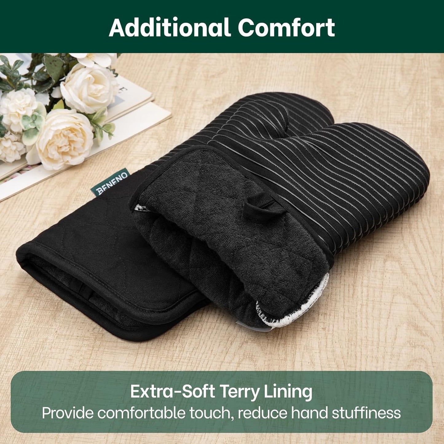 Beneno Kitchen Oven Mitts 2-Pack Heat Resistant to 500°F with Non-Slip Silicone Grip, Extra Long 14.3" Forearm Protection, Soft Quilted Cotton Terry Lining, Ideal for Cooking, Baking, Grilling, Black