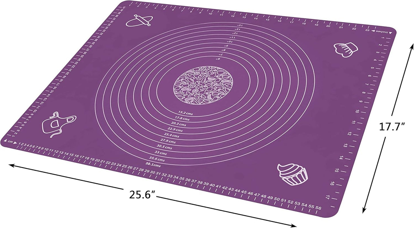 Silicone Baking Mat for Rolling Pastry Dough with Measurements, 25.6 x 17.7 BPA Free Non stick and Non Slip Purple Table Sheet Baking Supplies for Bake Pizza Cake