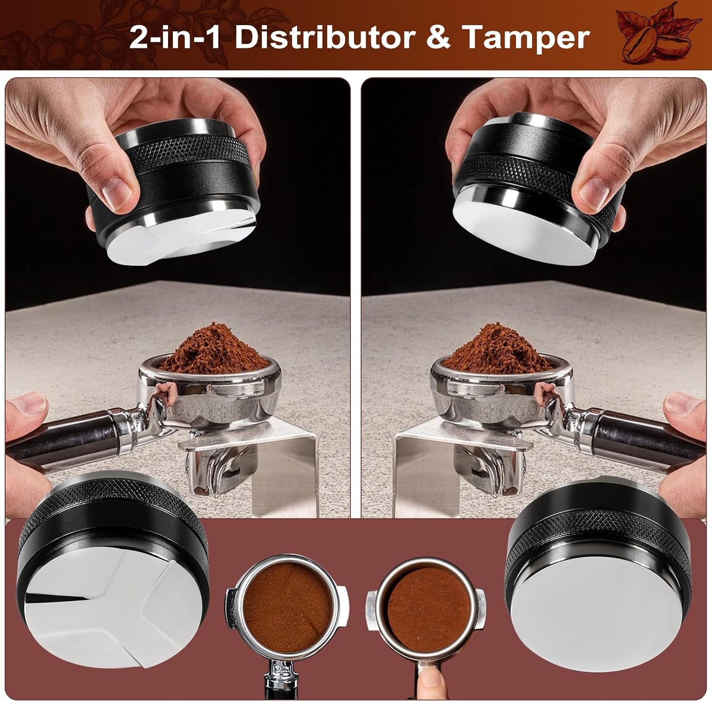 Espresso Accessories Kit 53mm, Coffee Distributor and Tamper Leveler, 316 Stainless WDT Tool with Magnetic Stand, Puck Scree and Dosing Funnel Set Fits Espresso Machine Press and 54mm Portafilters