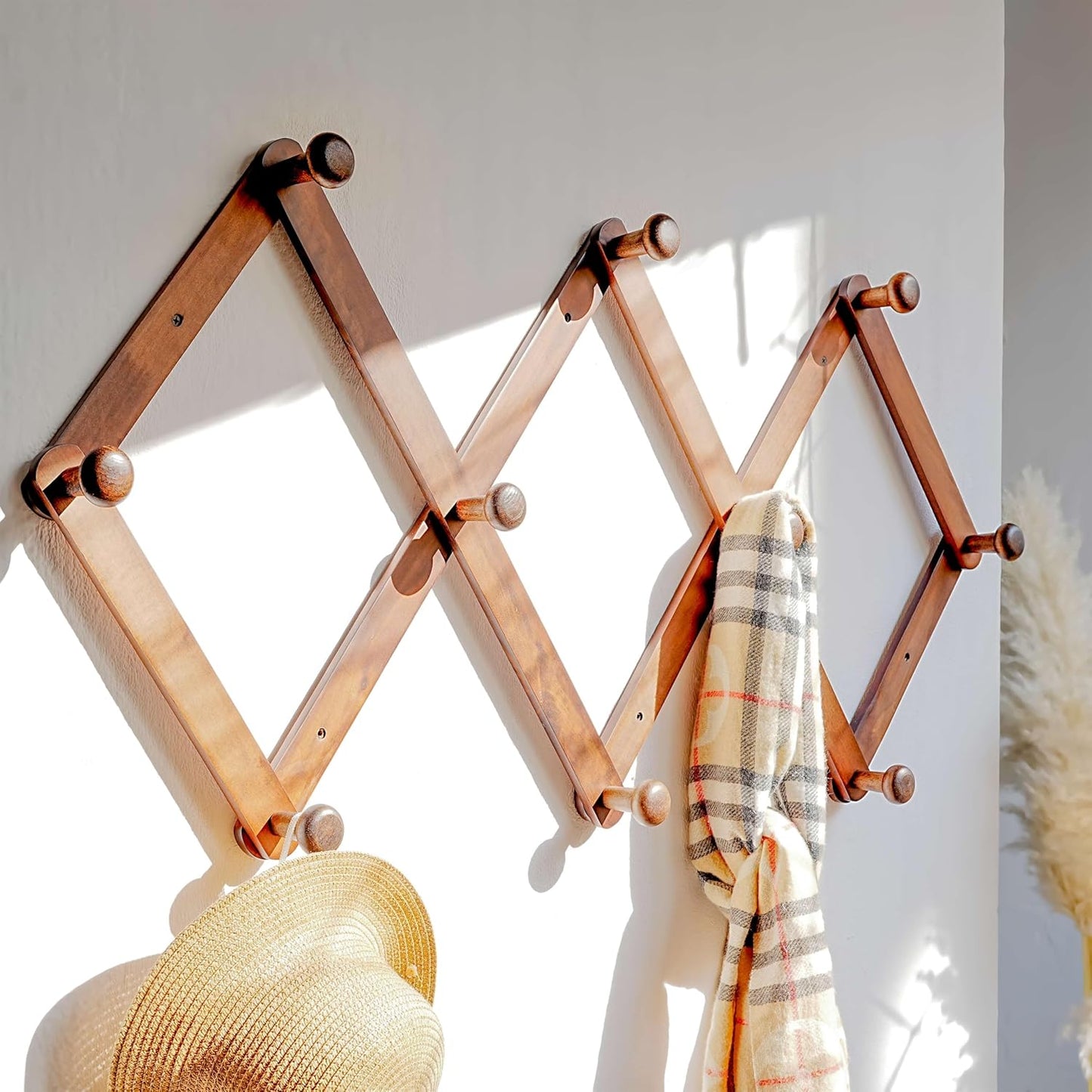 Dseap Expandable Coat Rack (Larger Version) - 24” High, Anti-Slip, Ultra Heavy Duty Wooden Accordian Wall Hanger with 10 Study Peg Hooks for Clothing Hats Jackets Bags, Brown