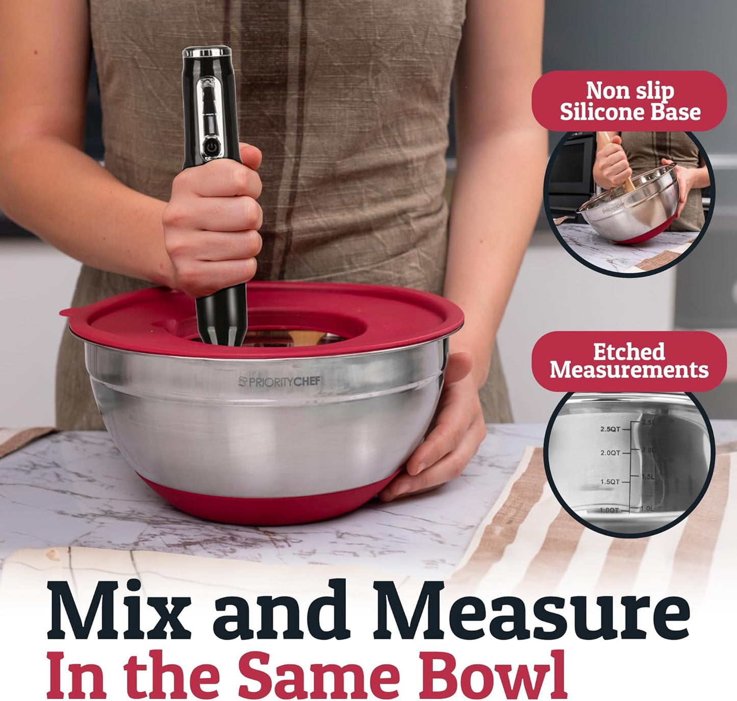 Priority Chef 6Pc Large Mixing Bowls With Lids Set with Non-Slip Bases, Stainless Steel Mixing Bowl Set, 6 Airtight Lids and 3 Graters, Red