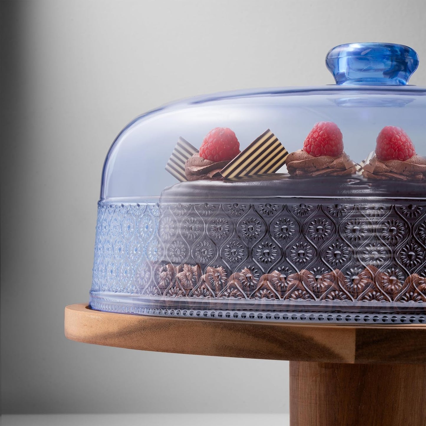 Godinger Cake Stand, Footed Cake Plate with Dome, Acacia Wood and Shaterproof Acrylic Lid, Wood Cake Stand with Dome Vintage Romantic Decor - Blue
