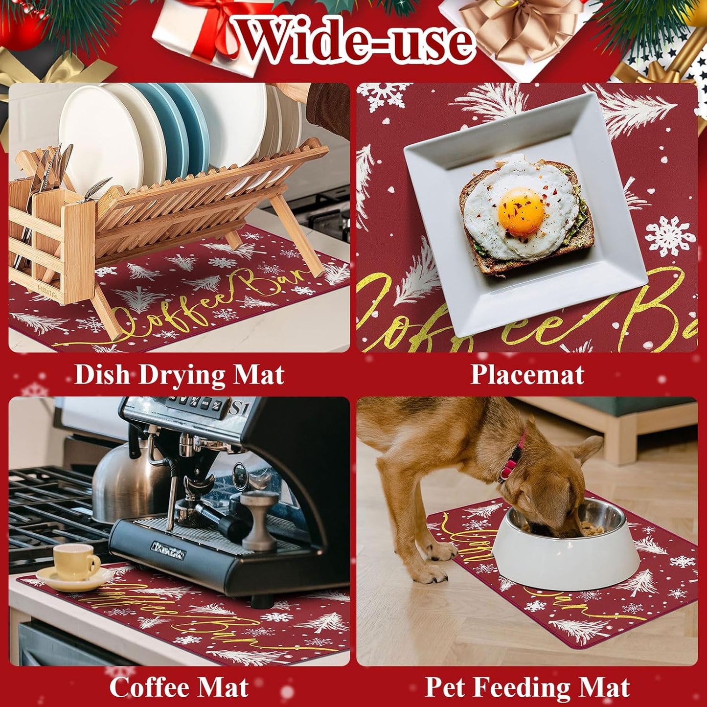 SHACOS Christmas Coffee Mat 2-Pack 12x19 Absorbent Non Slip Coffee Maker Mat for Countertop Accessories Heat Resistant, Christmas Red