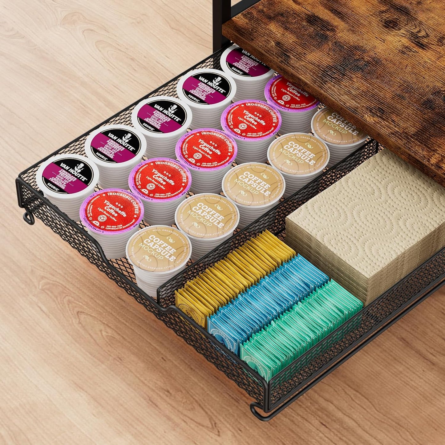 Coffee Bar Organizer Countertop, 3 Tier Mug Cup Holder Stand with 12 Hooks, 25 K Cup Coffee Pod Drawer with Mug Rack, Multifunctional Shelf for Accessories Kitchen (Black)