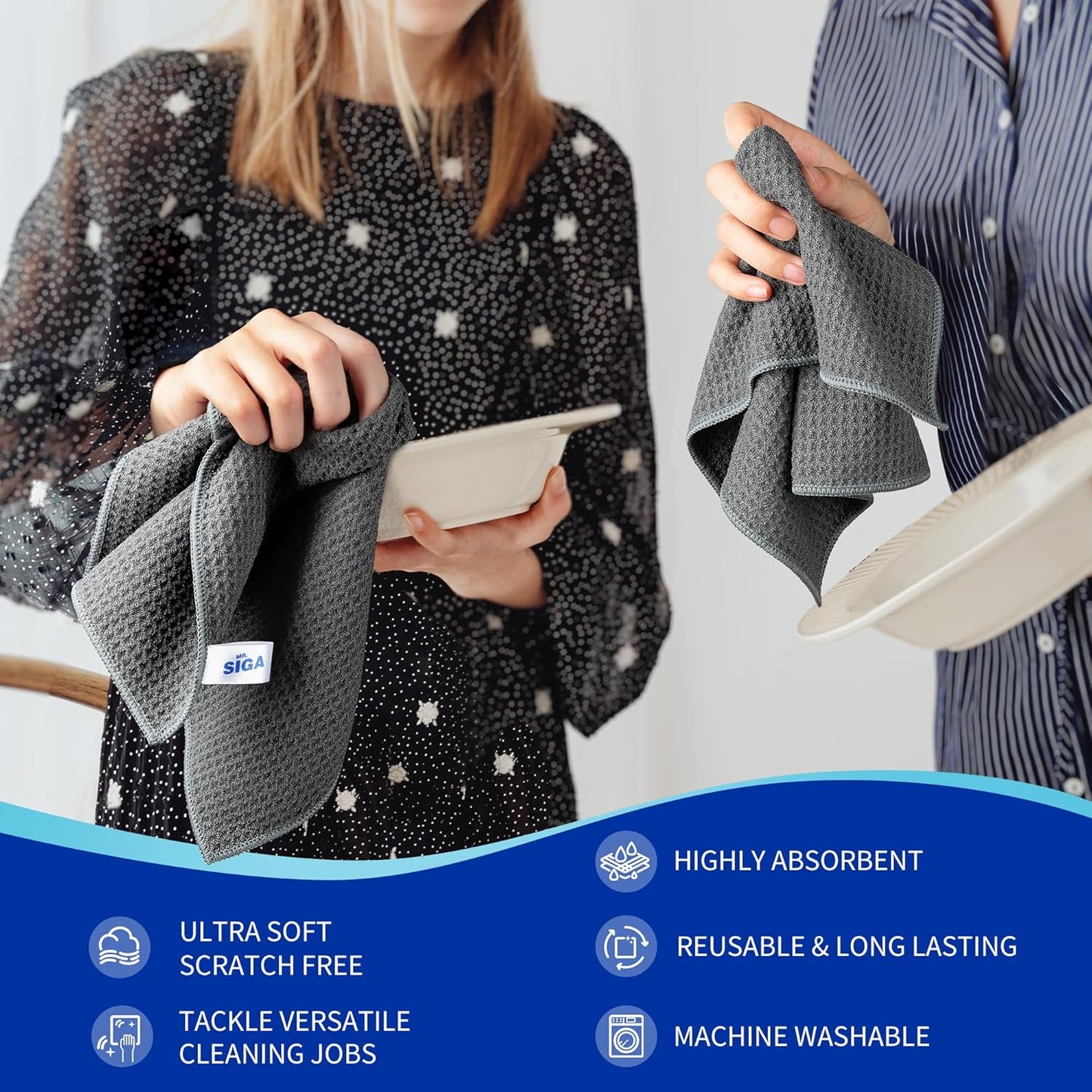 MR.SIGA Waffle Pattern Cleaning Cloths, Reusable Absorbent Microfiber Cleaning Cloths, Lint Free Microfiber Kitchen Towels, 6 Pack, Gray, 12.6 x 12.6 inch