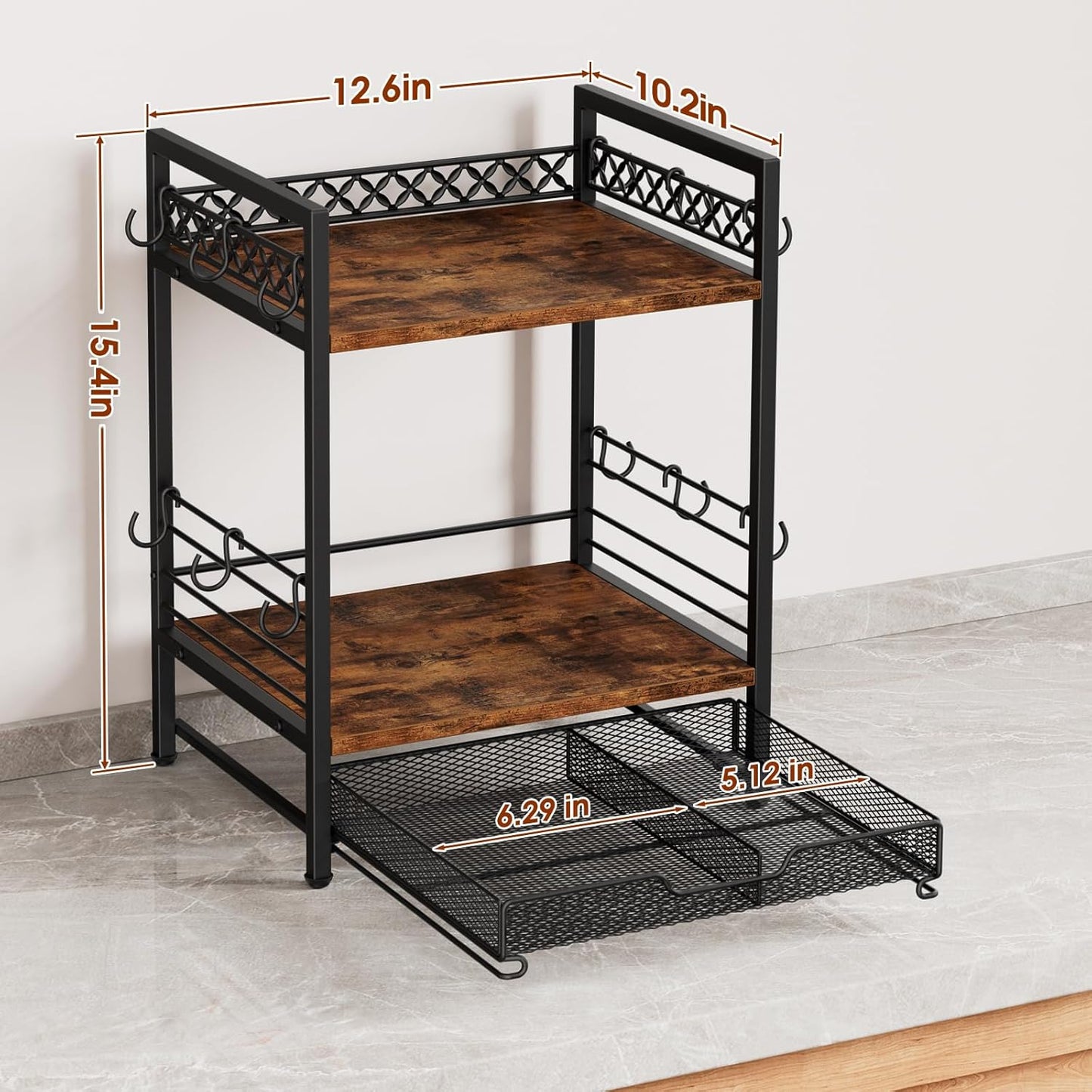 Coffee Bar Organizer Countertop, 3 Tier Mug Cup Holder Stand with 12 Hooks, 25 K Cup Coffee Pod Drawer with Mug Rack, Multifunctional Shelf for Accessories Kitchen (Black)