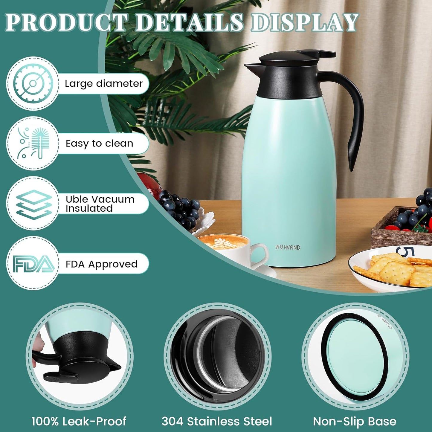 68 Oz Thermal Coffee Carafe, Stainless Steel Insulated Vacuum coffee crafts to keep coffee hot, 2 Liter Tea Water Coffee and Beverage Dispenser (Blue)