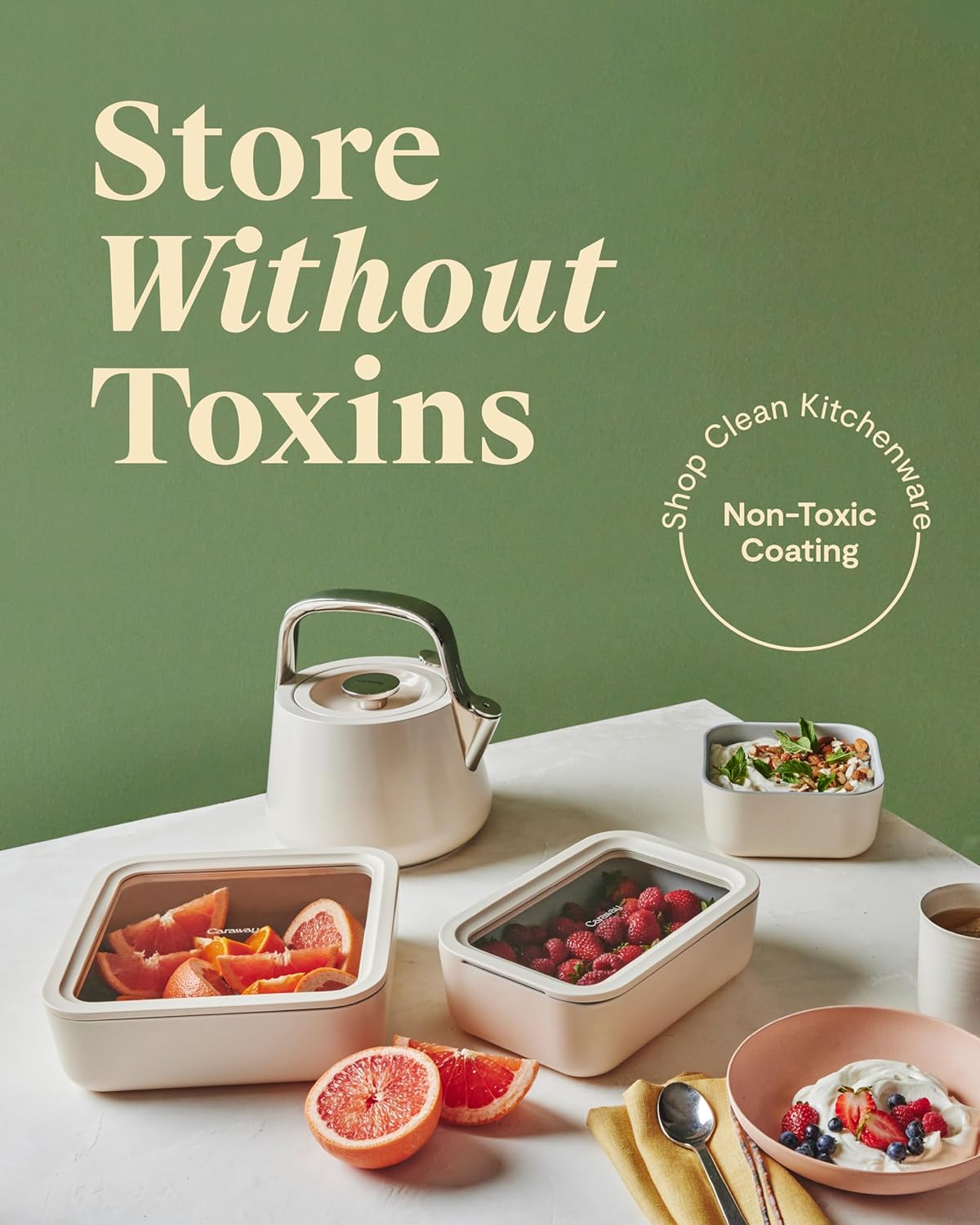 Caraway Glass Food Storage, 10 Cup Glass Container,Ceramic Coated Food Container,Easy to Store, Non Toxic, Non Stick Lunch Box Container with Glass Lids. Dishwasher, Oven,Square Shape,Navy