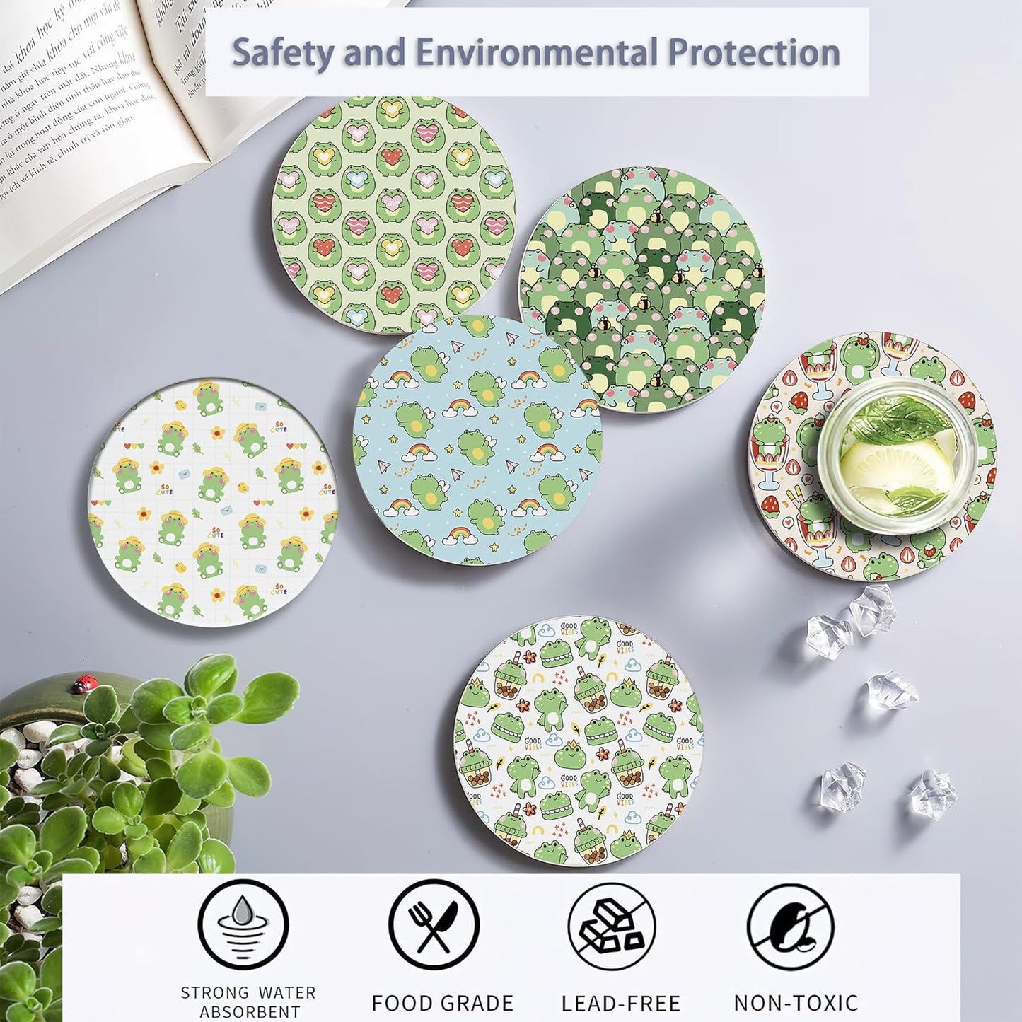 6 Pcs Coasters for Drinks with Holder, Cute Frog Absorbent Ceramic Coasters with Cork Base,Cute Funny Table Drinks Coasters Tabletop Protection Mat,Table Home Decor,4 Inches