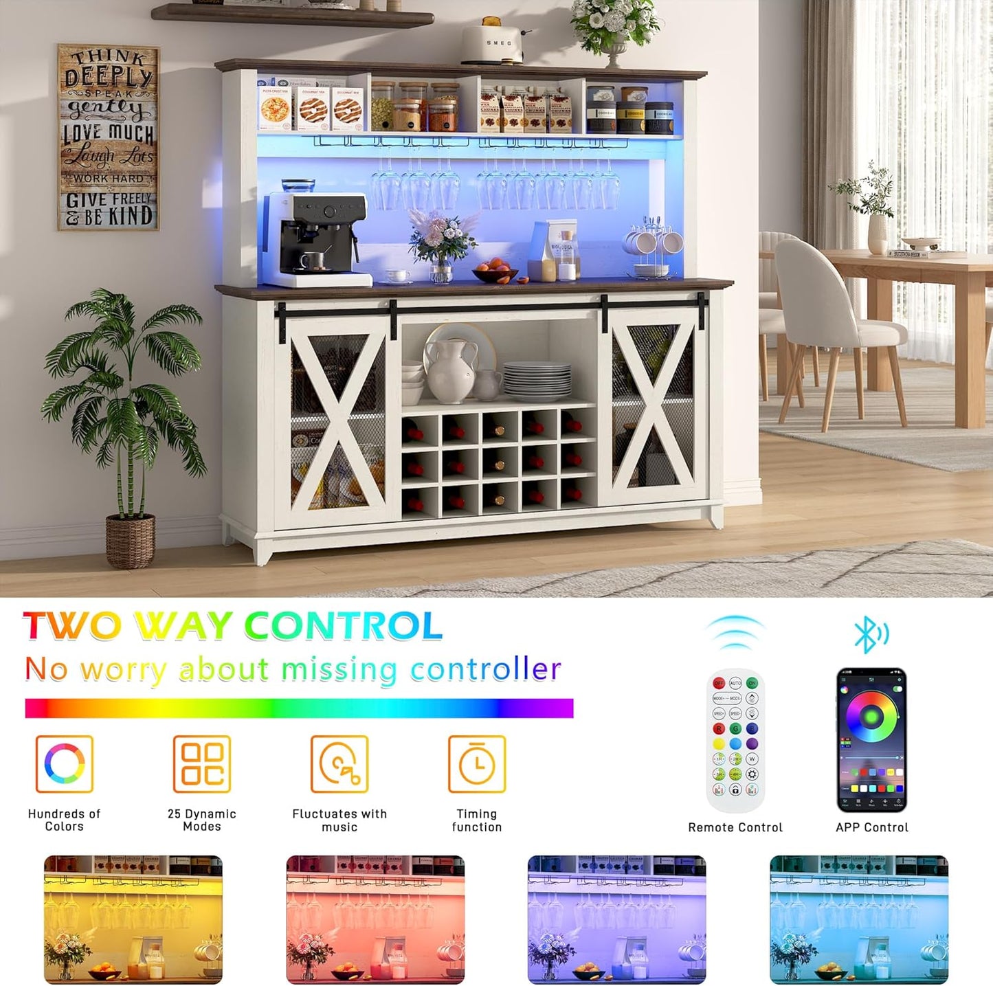 63"W Farmhouse Coffee Bar Cabinet with LED Light,Wine Bar Cabinet w/ 4 Tier Storage Hutch,Kitchen Buffet Cabinet w/Sliding Barn Door & 15 Wine and Glass Racks for Kitchen Dining Room(Antique White)