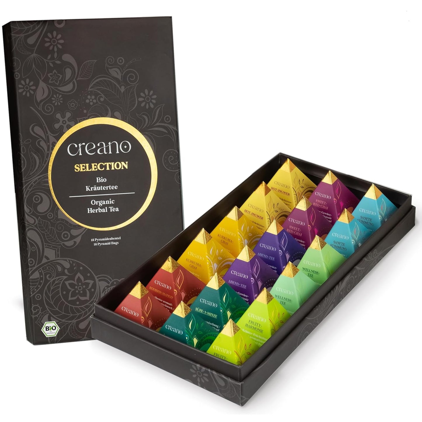 Creano Organic Herbal Tea Gift Set "Organic Herbal Tea" – 18 Pyramid Tea Bags in 9 Different Varieties – 30 g*