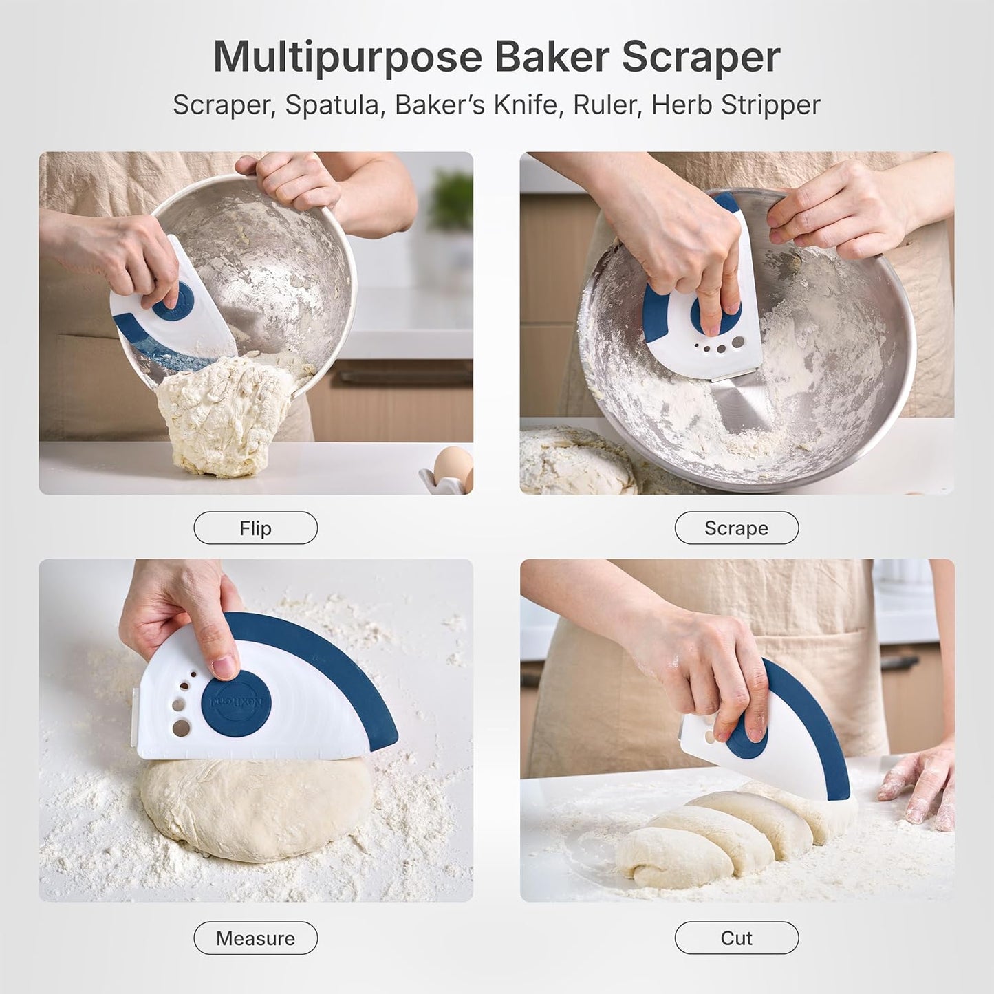 Nextrend BakerScraper – 5-in-1 Flexible Bowl Scraper, Bench Scraper and Dough Scraper with Stainless Steel Edge, Ruler & Herb Stripper – BPA Free, Dishwasher Safe - Blue