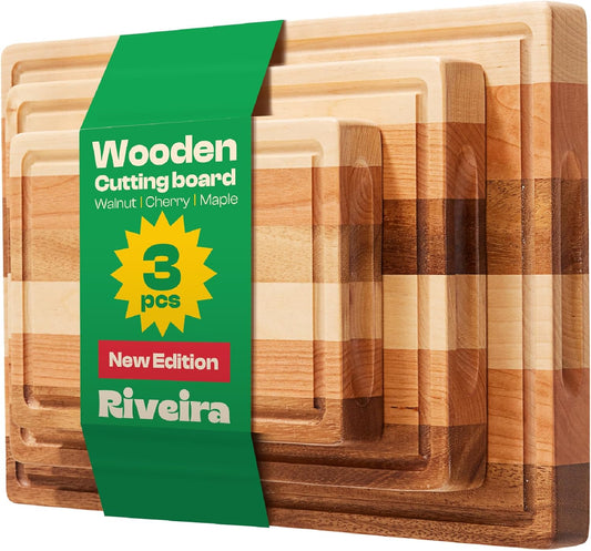 Riveira Walnut/Cherry/Maple Wood Cutting Board Set - Versatile And Durable: 3 Pcs Wooden Cutting Boards - Natural Wooden Cutting Boards For Kitchen Set - Complete Walnut/Cherry/Maple Cutting Board