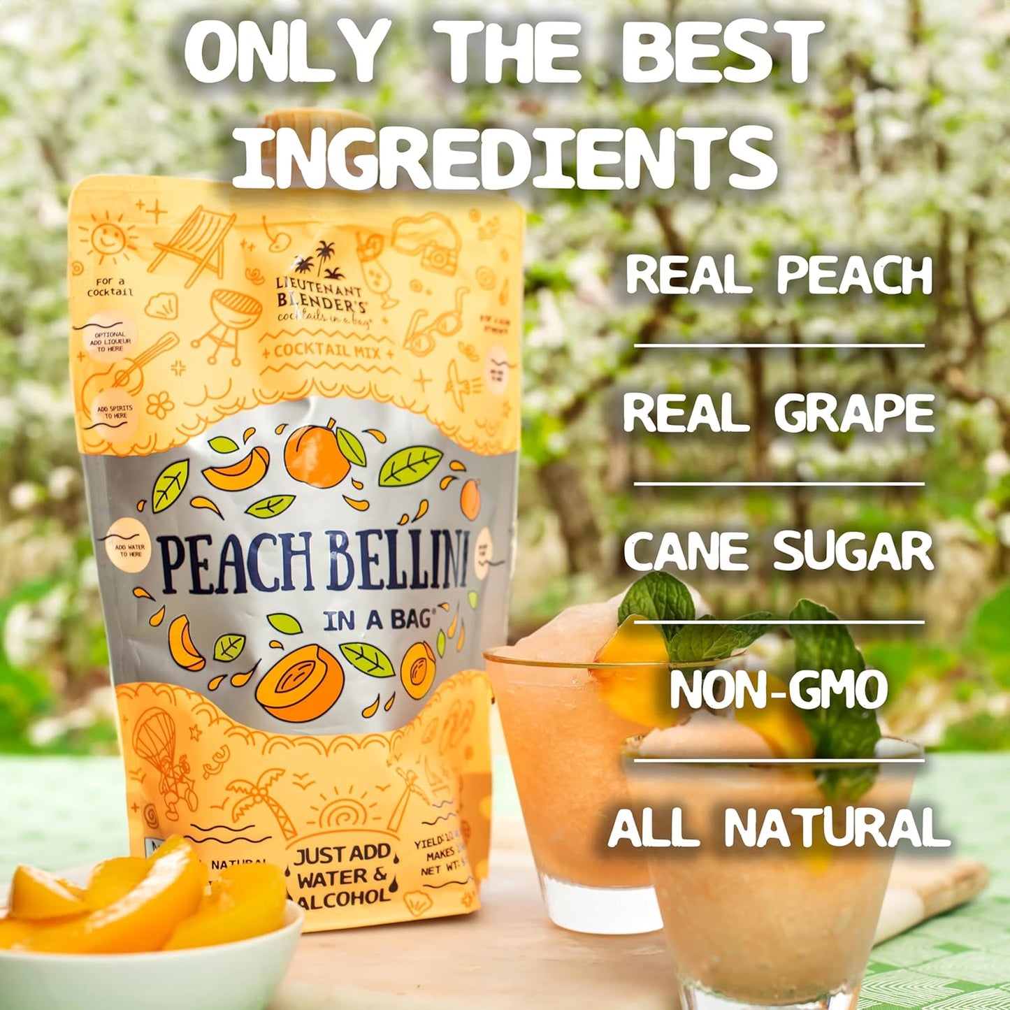 Lt. Blender's Peach Bellini in a Bag - Wine Slushie Mixes - Each Bag Makes 1/2 Gallon of Frozen Peach Bellini Mix – Non-GMO Wine Freezer mix - Make with Wine, Liquor or as a Mocktail - (Pack of 5)