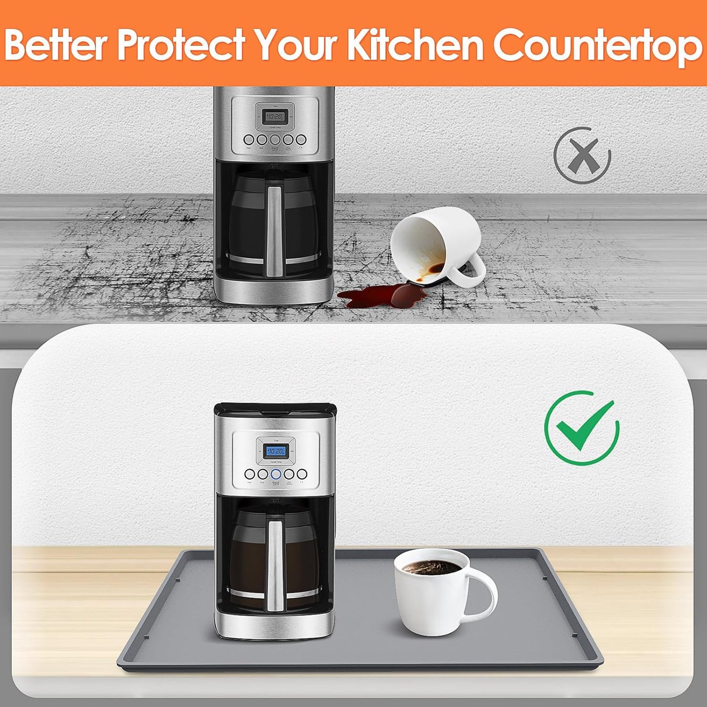 TOHONFOO Silicone Coffee Mat with Lip, 19.7'' x 15'' Heavy Duty Bar Mat, Coffee Tray for Countertop Fit Under Machine Pot Espresso Machine, Grey