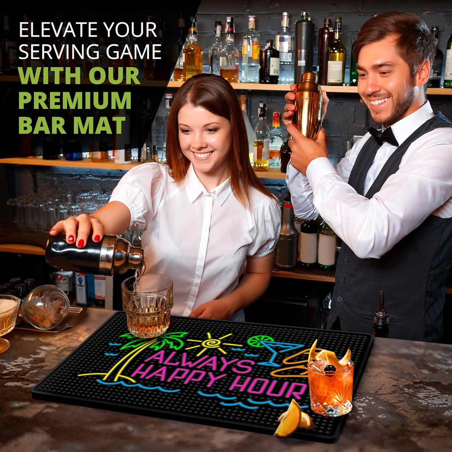 Premium Quality Always Happy Hour Bar Mat, Tiki Bar Mat for Bartending 18x12, Outdoor Tiki Bar Decor, Durable Bar Mats for Countertop, Drying Mat for Home Bar, Perfect Home Bar Accessories Xmas Gift