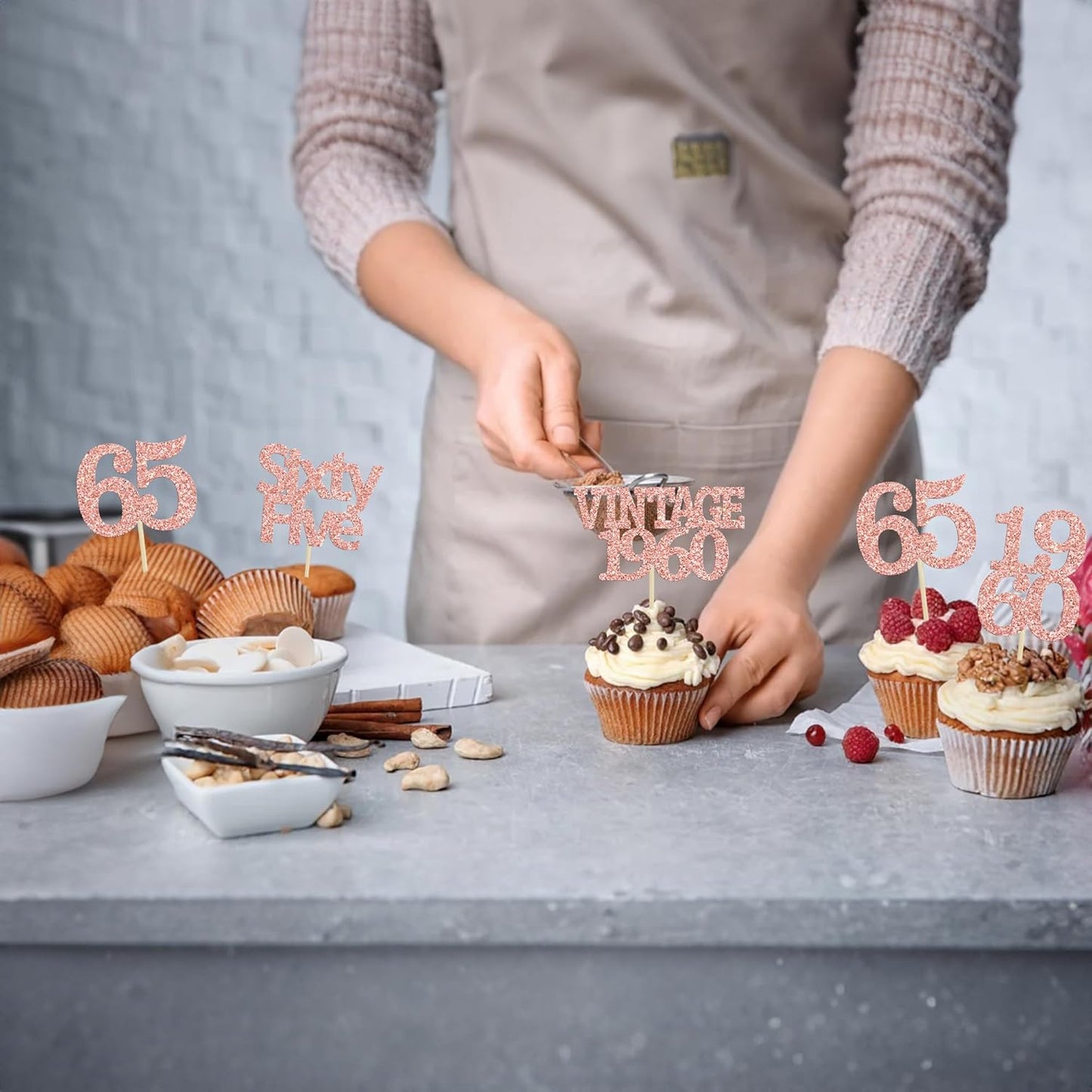 Gyufise 24Pcs 65th Birthday Cupcake Toppers Glitter Cheers to 65 Fabulous Sixty Five Vintage 1960 Cupcake Picks 65th Birthday Wedding Anniversary Party Cake Decorations Supplies Rose Gold