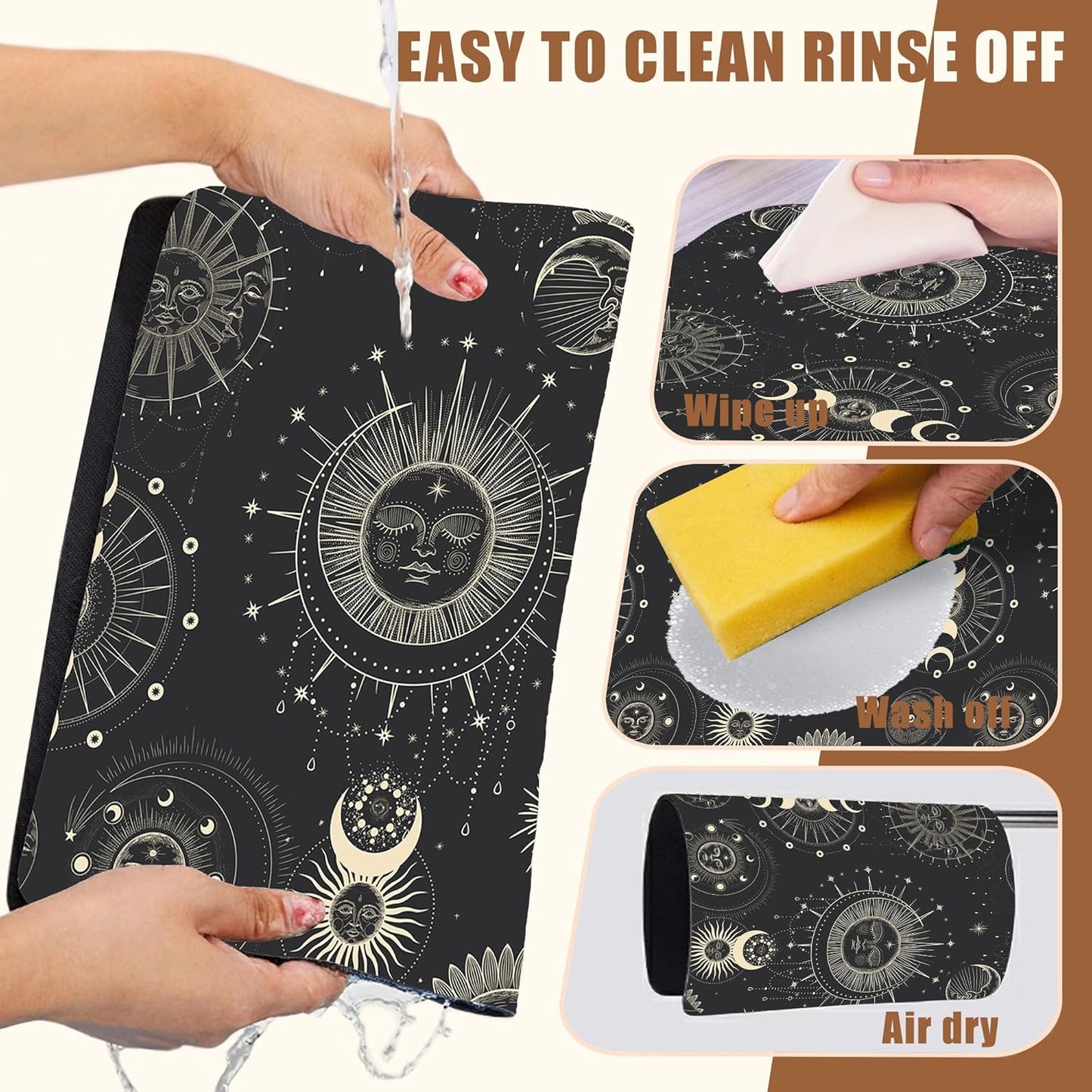 Moon Sun Zodiac Coffee Mat Astrology Dish Drying Mat for Kitchen Counter Absorbent Hide Stain Rubber Backed Coffee Bar Accessories Fit Under Espresso Machine, 15.7 x 23.6 Inch