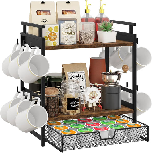 Coffee Bar Organizer, 3 Tier Coffee Station Organizer for Countertop, Mug Cup Holder Stand with 12 Hooks, with K Cup Storage Drawer, Tea Organizers Accessories for Home Office