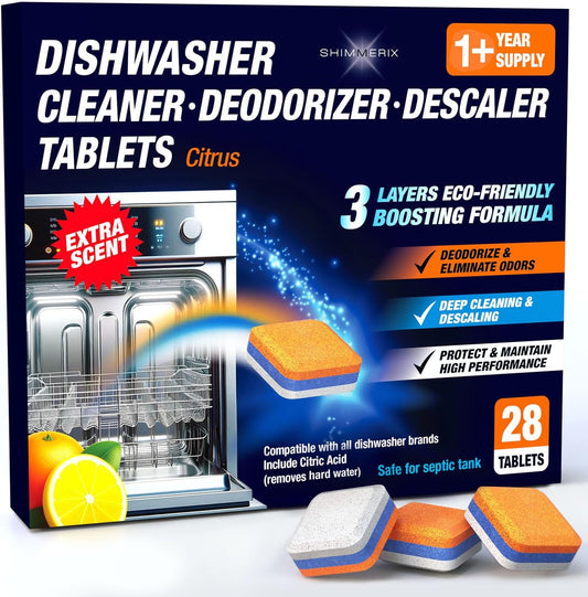 Dishwasher Cleaner Deodorizer Descaler Tablets - 28 Tabs - 1 Plus Year Supply - Extra Scented Deep Cleaning Sanitizer Pods - Remove Hard Water - Contain Citric Acid Heavy Duty Septic Safe - Citrus