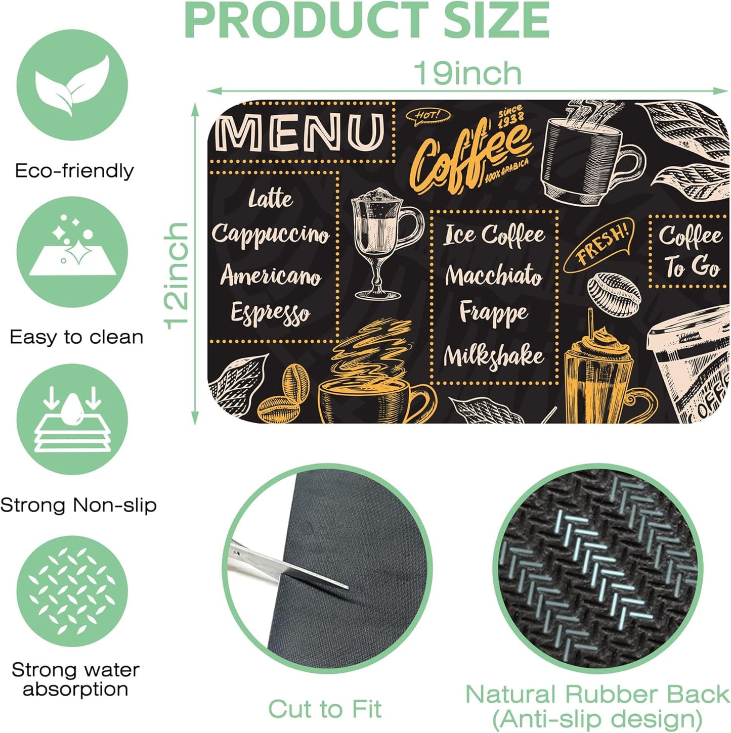 Vintage Coffee Poster Dish Drying Mat,,12"X19" Absorbent Fast Dish Drying Mat for Kitchen Counter Pot and Pan, Kitchen Accessories